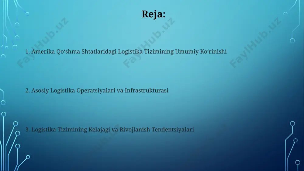 arlarni tez va ishonchli yetkazib berishni ta'minlaydi. logistika texnologiyalari va avtomatlashtirish drone texnologiyalaridan foydalanish orqali tovarlarni yetkazib berish 2025 yilga kelib, amazon kabi yirik kompaniyalar tomonidan 30% ga ko'payishi kutilmoqda, ayniqsa qishloq joylarida. aqshning logistika tarmoqlarida avtomatlashtirilgan omborlar soni 2022 yilda 15% ga oshgan bo'lib, bu kaliforniya va texas shtatlarida eng ko'p kuzatilgan. dengiz va daryo tashish tizimi missisipi daryosi, aqshning eng uzun daryosi, yuqori samarali ichki suv tashish yoʻnalishi hisoblanib, yiliga 600 milliondan ortiq tonna yukni tashiydi. aqshning buyuk koʻllar hududida joylashgan 16000 kilometrdan ortiq suv yoʻllari orqali yiliga 200 milliondan ortiq tonna yuk tashiladi, bu esa mamlakat iqtisodiyotining muhim qismini tashkil etadi. logistika sohasidagi qonun hujjatlari va tartibga solish portlar va chegaralar xavfsizligi to'g'risidagi qonun (2002) aqshning dengiz portlarida xavfsizlik choralarini kuchaytirish uchun mo'ljallangan bo'lib, bu 300 dan ortiq kemalar va port infratuzilmalariga ta'sir ko'rsatgan. aqshning 49 cfr qoidalar to'plami yuk tashish vositalarining xavfsizligi va yuklarning to'g'ri tashilishiga …