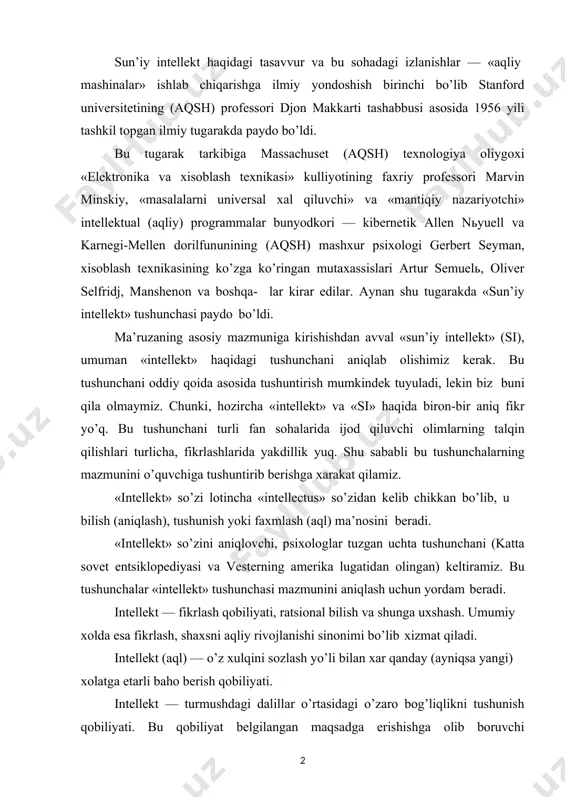 h uchun yordam beradi. intellekt — fikrlash qobiliyati, ratsional bilish va shunga uxshash. umumiy xolda esa fikrlash, shaxsni aqliy rivojlanishi sinonimi bo’lib xizmat qiladi. intellekt (aql) — o’z xulqini sozlash yo’li bilan xar qanday (ayniqsa yangi) xolatga etarli baho berish qobiliyati. intellekt — turmushdagi dalillar o’rtasidagi o’zaro bog’liqlikni tushunish qobiliyati. bu qobiliyat belgilangan maqsadga erishishga olib boruvchi xarakatlarni ishlab chikish uchun kerak bo’ladi. yuqorida aniqlangan «intellekt» tushunchasidan shunday xulosa chiqarish mumkinki, ya’ni intellekt faqat insonlarga tegishli va odam aqliy qobiliyatining o’ziga xos o’lchovidir. psixologlar shunday maxsus usullar yaratdilarki, bu usullar yordamida tajriba orqali odamning intellektual (aqliy) darajasini aniqlash mumkin bo’ldi. natijada shu narsa aniqlandiki, intellektning individual darajasi o’rtasidan surilishi (og’ishi) odamning fizik imkoniyatlari darajasi kabidir. agar o’rtacha aqliy qobiliyat 100 ball deb qabul kilinsa, u xolda o’ta qobiliyatli insonlarda bu ko’rsatkich 150, 180, xattoki 200 ballga etish mumkin. amerikalik shaxmatchi, jaxon eks-chempioni robert fisherning bu ko’rsatkichi 187 ball bo’lgan, xix …