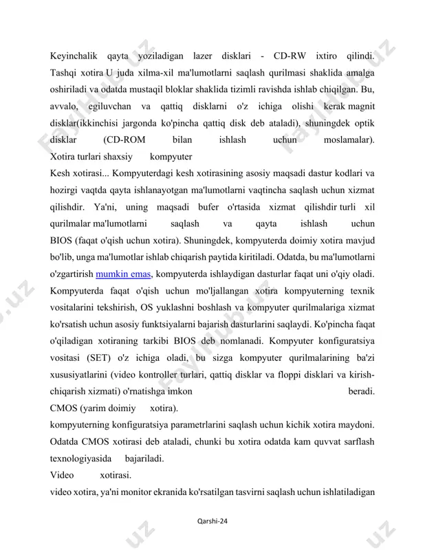 kompyuter qurilmalarining ba'zi xususiyatlarini (video kontroller turlari, qattiq disklar va floppi disklari va kirish-chiqarish xizmati) o'rnatishga imkon beradi. cmos (yarim doimiy xotira). kompyuterning konfiguratsiya parametrlarini saqlash uchun kichik xotira maydoni. odatda cmos xotirasi deb ataladi, chunki bu xotira odatda kam quvvat sarflash texnologiyasida bajariladi. video xotirasi. video xotira, ya'ni monitor ekranida ko'rsatilgan tasvirni saqlash uchun ishlatiladigan xotira. va doimiy xotira (rom). kompyuter xotirasi tashqi (asosiy): egiluvchan va qattiq disklar, cddvd-rom, cd dvd-rw, cd dvd-r va ichki. hammaga salom. bugungi sonda men kompyuter qurilmasi mavzusini davom ettiraman va bu haqda gaplashaman atrof-muhit... bu uzun maqolaning ikkinchi qismi, so'nggi nashrda biz kompyuter qurilmasining birinchi qismini - tizim blokini qismlarga ajratdik. agar siz maqolaning birinchi qismini o'qimagan bo'lsangiz, men u bilan albatta tanishishingizni maslahat beraman, unda men kompyuter qurilmasi haqida gapiraman. kompyuterning tashqi qurilmalari xo'sh, endi periferik qurilmalar haqida gapirish vaqti keldi, keling, eng asosiylarini ko'ribchiqaylik. sichqoncha sichqoncha kursorni ish stolidagi kerakli joyga …