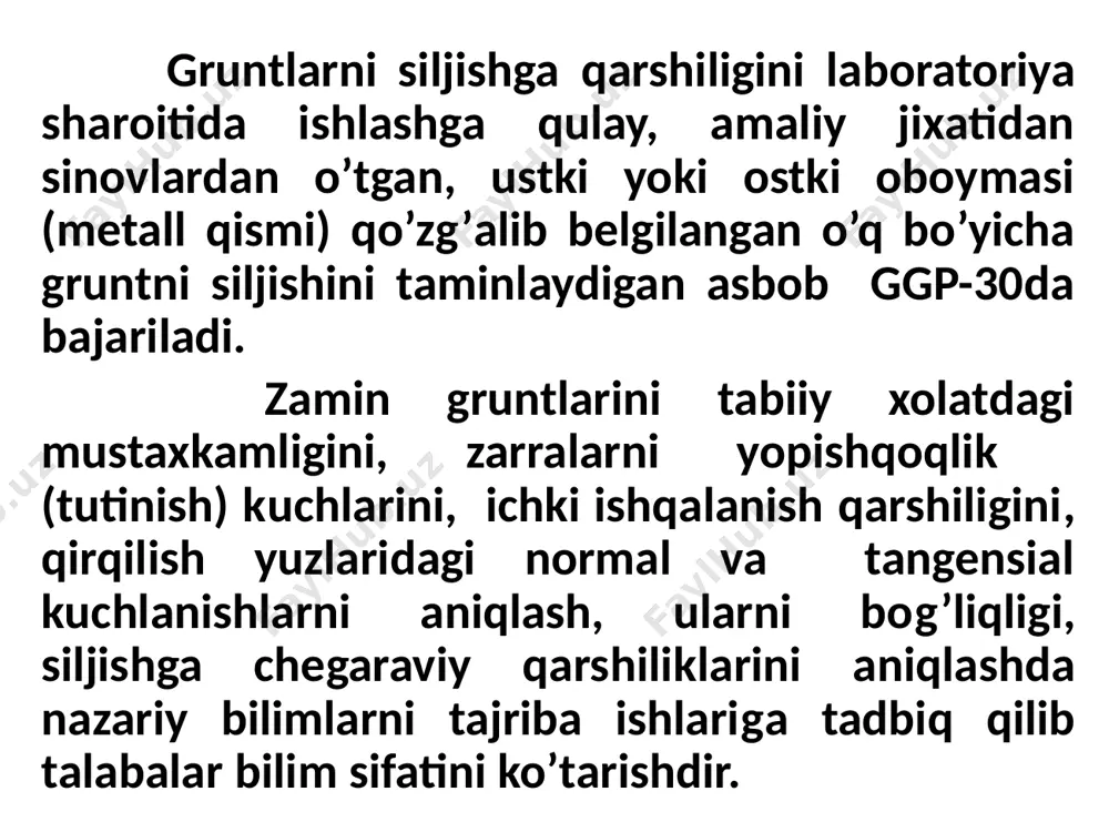 egaraviy (oxirgi) karshiligi, normal bosimni birinchi darajali funktsiyasi ifodasidan aniqlanadi. chegara i = i tg + s , mpa ; bu yerda  - gruntlarni ichki ishqalanish burchagi; s - gruntlarni (tutinish) yopishqoqlik kuchi. gilli gruntlarni siljishga qarshiligi, ularni namligiga, g’ovakligiga, elastikligiga va konsistentsiyasiga bog’liqdir. gruntlarni mustaxkamlik ko’rsatgichlari s va , zaminni yuk ko’tarishini, grunt massivlarini turg’unligini, to’siqlarga bosimlarni aniqlashda va boshka loyixalashlarda ishlatilib, ularni laboratoriyalarda o’ta aniqlikda bajarilishi zarur. gilli gruntlarni siljishiga qarshiligini aniqlashdagi kuchlanishlar o’rtasidagi chiziqli bog’lanish 13.4 grafiklarda keltirilgan. rasm 6. gilli gruntlarni (donalari yopishgan) siljishga bo’lgan chegaraviy (oxirgi) qarshiligi diagrammasi (suvlari sizigan - berilgan bosimlarda konsolidatsiyasi tugagan): b - siljish diagrammasi. gruntlarga bosimlar ta’sirida, yuqoridagi qonuniyatlarni bajarilishini va s - yopishqoqlik kuchini xisoblash ishlarini laboratoriya usulida, ko’rsatilgan o’qni gorizontal yuzasi bo’yicha, bir qirqimli gruntlarni siljishga qarshiligini ggp-30 asbobida aniqlashni quyida tajribada bajariladi. nazorat savollari 1.ishning maqsadini ayting. 2.ishnung amaliy axamiyatini ayting 2.kerakli asbob uskunalarnu ayting 3.ishning …