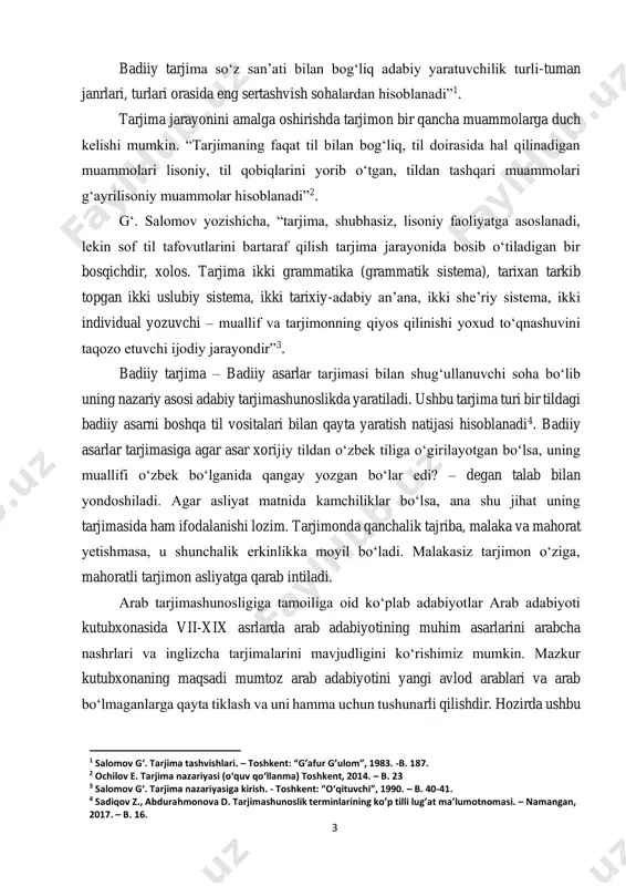 ablari uchun ham begona emas. 3 badiiy tarjima so‘z san’ati bilan bog‘liq adabiy yaratuvchilik turli-tuman janrlari, turlari orasida eng sertashvish sohalardan hisoblanadi”1. tarjima jarayonini amalga oshirishda tarjimon bir qancha muammolarga duch kelishi mumkin. “tarjimaning faqat til bilan bog‘liq, til doirasida hal qilinadigan muammolari lisoniy, til qobiqlarini yorib o‘tgan, tildan tashqari muammolari g‘ayrilisoniy muammolar hisoblanadi”2. g‘. salomov yozishicha, “tarjima, shubhasiz, lisoniy faoliyatga asoslanadi, lekin sof til tafovutlarini bartaraf qilish tarjima jarayonida bosib o‘tiladigan bir bosqichdir, xolos. tarjima ikki grammatika (grammatik sistema), tarixan tarkib topgan ikki uslubiy sistema, ikki tarixiy-adabiy an’ana, ikki she’riy sistema, ikki individual yozuvchi – muallif va tarjimonning qiyos qilinishi yoxud to‘qnashuvini taqozo etuvchi ijodiy jarayondir”3. badiiy tarjima – badiiy asarlar tarjimasi bilan shug‘ullanuvchi soha bo‘lib uning nazariy asosi adabiy tarjimashunoslikda yaratiladi. ushbu tarjima turi bir tildagi badiiy asarni boshqa til vositalari bilan qayta yaratish natijasi hisoblanadi4. badiiy asarlar tarjimasiga agar asar xorijiy tildan o‘zbek tiliga o‘girilayotgan bo‘lsa, uning …