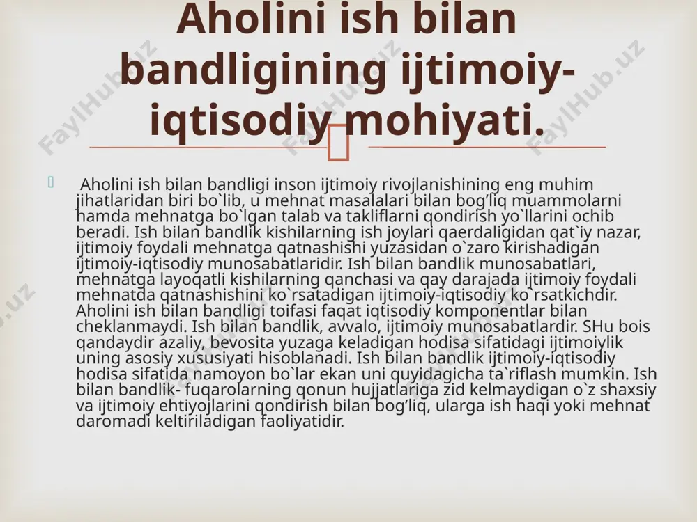 n. oilaviy korxonalarning haq to`lanmaydigan xodimlari - qarindoshiga tegishli bo`lgan oilaviy korxonada haq olmasdan ishlaydigan xodimlardir. ish bilan ta`minlash maqomi bo`yicha tasniflashga to`g’ri kelmaydigan shaxslar - ilgari o`zlariga daromad keltiradigan mehnat faoliyati bilan shug’ullanmaydigan kishilar. ularga ish bilan ta`minlashning biron-bir maqomiga mos kelmaydigan shaxslar ham kiritiladi. tarkibiy qayta qurishni rag’batlantirish asosida bo`shab qolgan xodimlarni qayta taqsimlash jarayonini jadallashtirish; ishsizlarni mehnat hayotiga juda tezlik bilan jalb qilish; ish qidirayotganlardan har birini ish bilan ta`min etish. ijtimoiy siyosatning tarkibiy qismi bo`lgan aholini ishi bilan bandligi siyosati uchta asosiy maqsadga erishishni nazarda tutadi: davlat aholini ish bilan ta`minlash siyosatining chora-tadbirlari quyidagi sohalar bo`yicha tabaqalashtirilgan: aholini ish bilan ta`minlashga davlatning ta`sir ko`rsatish turlari: ta`sir ko`rsatish ob`ekti bo`yicha (umumiy va ixtisoslashgan chora-tadbirlar); mablag’ bilan ta`minlash manbalari bo`yicha. passiv ta`sir ko`rsatish - ish bilan band bo`lmagan aholiga ijtimoiy yordam; faol ta`sir ko`rsatish - mehnat taklifini rag’batlantirish, mehnatga bo`lgan talabni rag’batlantirish, talab va taklifni muvofiqlashtirish chora-tadbirlari (axborot, …