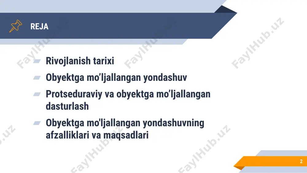 'ektga yo'naltirilgan paradigmani amalga oshiradigan amaliy dasturlash tillari soni (tillar ro'yxati) boshqa paradigmalarga nisbatan eng katta hisoblanadi. sanoatdagi eng keng tarqalgan tillar (c++, delphi, c#, java va boshqalar) simula obyekt modelini o'zida mujassam etgan. smalltak modeliga asoslangan tillarga misollar: objective-c, python, ruby. obyektga mo’ljallangan yondashuv 7 obyektga mo'ljallangan yondashuv (omy) dasturiy ta’minotning tabiiy rivojidagi navbatdagi pog‘onadir. vaqt o'tishi bilan qaysi uslublar ishlash uchun qulay-u, qaysinisi noqulay ekanini aniqlash oson bo'lib bordi. omy eng muvaffaqiyatli, vaqt sinovidan o‘tgan uslublarni o'zida samarali mujassam etadi. obyektga mo’ljallangan yondashuv 8 dastlab dasturlar kommutatsiya bloki orqali kompyuterning asosiy xotirasiga to‘g‘ridan to‘g‘ri kiritilar edi. dasturlar mashina tillarida ikkilik tasavvurda yozilar edi. dasturlarni mashina tilida yozishda tez-tez xatolarga yo'l qo'yilar edi, buning ustiga ularni tizimalashtirishning imkoni bo'lmagani tufayli kodni kuzatib borish amalda deyarli mumkin bo’lmagan hol edi. bundan tashqari, mashina kodlaridagi dasturni tushunish g’oyat murakkab edi. obyektga mo’ljallangan yondashuv 9 vaqt o‘tishi bilan kompyuterlar tobora kengroq qo'llana …
