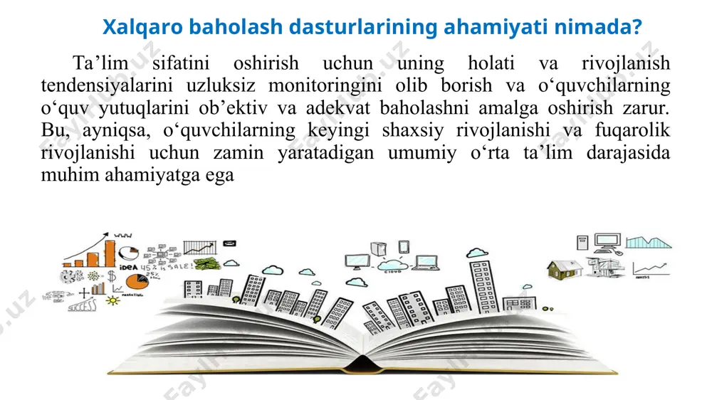 illiy ta’lim tizimini isloh qilish, ta’lim mazmunini, pedagog kadrlar tayyorlash va ularning malakasini oshirish dasturlarini takomillashtirish hamda mutaxassislar tomonidan darsliklarning yangi avlodini yaratishda qo‘llaniladi. tadqiqotlarda olingan natijalar mamlakatdagi ta’lim sifati va uning xalqaro standartlarni hisobga olgan holda egallagan o‘rni to‘g‘risida xulosalar chiqarish imkonini beradi. xalqaro tadqiqotlar ta’lim sohasidagi milliy tadqiqotlarni sifatli o‘tkazishga ijobiy ta’sir ko‘rsatadi. xalqaro standartlar darajasida yuqori iqtisodiy samaraga asoslangan milliy baholash tizimini yaratish imkonini beradi. o‘zbekistonda turli tashkilotlarning yetakchi mutaxassislarini jalb qilgan holda xalqaro tadqiqotlarda ishtirok etish orqali mahalliy mutaxassislarimizda monitoring tadqiqotlarini o‘tkazish madaniyati rivojlanadi, ta’lim sifatini baholashning xalqaro standartlarga moslashuviga olib keladi. milliy ta’lim sifatini baholashdagi nazorat materiallarini xalqaro tadqiqotlarda qo‘llaniladigan nazorat materiallari sifati darajasida ishlab chiqish imkonini beradi maqsadimiz: o‘quvchilarimizda xxi asr ko‘nikmalarini shakllantirish, raqobatbardosh kadrlarni tayyorlash uchun mustahkam zamin yaratish pisa va timss maqsadlari tabiiy fanlar va o‘qish savodxonligini baholash matematika va tabiiy fanlarni o‘rganish natijasida olgan bilim va ko‘nikmalarini baholash 15 yoshli bolalarning …