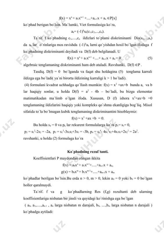 yidagi ta`rifni qo`llash mumkin. ta`rif. p maydon algebraic yopiq deyiladi, agarda p[x] halqadagi har bir ko`phad chiziqli ko`paytuvchilarga yoyilsa. boshqacha aytadigan bo`lsak, p maydon algebraic yopiq deyiladi, agarda p ustidagi keltirilmaydigan ko`phadlar faqat 1 darajali ko`phadlar bo`lsa. agar ixtiyoriy f(p[x] ko`phad p da kamida bitta ildizga ega bo`lsa, u holda p maydon algebraic yopiq bo`ladi. haqiqatan ham, u holda f(x)= (x-a)h(x), a(p, h(p[x], lekin shartga ko`ra h ham p da kamida bitta ildizga ega, ya`ni h(x) = (x-b)r(x), b(p,r(p[x]. bu prosesni davom ettirib, natijada f ko`phadni to`la chiziqli ko`paytuvchilarga yoyilmasiga kelamiz. shunday qilib, f- ixtiyoriy ko`phad ekanligidan p ning yopiqlik ta`rifini qanoatlantiradi. lemma. haqiqiy koeffisientli toq darajali ko`phad kamida bitta haqiqiy ildizga ega. 1-teorema. kompleks sonlar maydoni с algebraic yopiq. bu tasdiqni ildizlar tushunchasida quyidagicha ham ta`riflash mumkin: darajasi ( 1 bo`lgan ixtiyoriy kompleks ( yoki haqiqiy) koeffisientli f(x) ko`phad n ta kompleks ildizga ega, agarda ularni karraliklari bilan qo`shib …