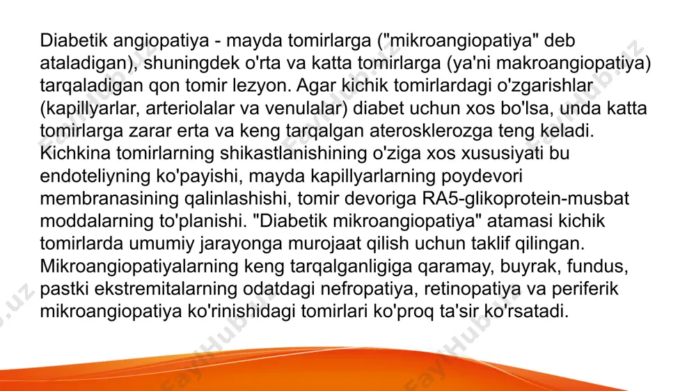 imcha ravishda, jarayonga asab va katta arteriyalar va tomirlar kiradi. shu sababli, oyoq terisining rangi oqarib ketishi yoki binafsha, siyanotik rangga aylanishi mumkin. shaxsiy gigiena qoidalariga rioya qilmaslik, qoida tariqasida, vaziyatni yomonlashtiradi va yuqumli lezyon rivojlanishiga turtki bo'ladi. oyoqlaringizni toza va quruq holda saqlash diabet kasalligi uchun turmush tarzining asosiy qoidalaridan biridir. ko'pgina tibbiy markazlarda "diabetik oyoqli shkaflar" mavjud bo'lib, unda bemor oyoqlarning sezgirligini tekshiradi va ularning umumiy holatini baholaydi. retinopatiyaning dastlabki bosqichlarida deyarli o'zini sezmaydi, garchi oftalmolog tomonidan tekshirilganda bunday bemorda allaqachon o'zgarishlar bo'lishi mumkin. ko'pincha bemorlar bunday namoyonlarni charchoq bilan izohlashadi va ularga alohida ahamiyat bermaydilar. dastlab, ko'zlar oldida kichik "pashshalar" yoki uchqunlar paydo bo'lishi mumkin, ammo ko'rish keskinligi, odatda, zarar ko'rmaydi. keyin odam kompyuterda ishlash, o'qish va yozish qiyinlashayotganini payqadi (ko'zlari juda charchagan va ko'rish ravshanligi pasayadi). belgilari retinaning yomonlashishi bilan yomonlashadi va agar siz o'z vaqtida shifokor bilan maslahatlashmasangiz, ko'rlik xavfi ortadi. nefropatiyani rivojlanishining boshida shubha …