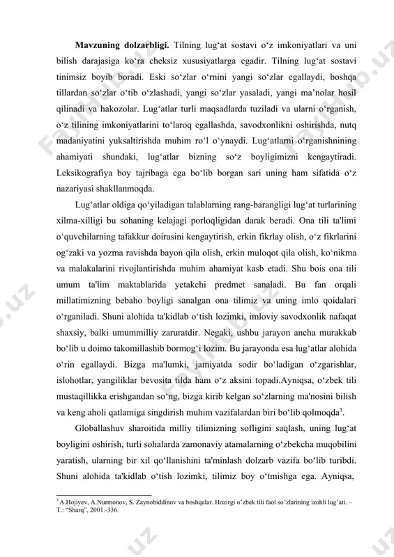 as'uliyatlarni, vazifalarni qo‘yadi. zero, o‘z uyining haqiqiy sultoniga aylangan ona tilimiz yurtboshimiz ta'biri bilan aytganda: “dunyodagi qadimiy va boy tillardan biri bo‘lgan o‘zbek tili xalqimiz uchun milliy o‘zligimiz va mustaqil davlatchiligimiz timsoli, bebaho ma'naviy boylik, buyuk qadriyatdir”4. muammoning oʻrganilganlik darajasi. o‘zbek adabiy tilining asoschisi alisher navoiy ona tilimizning leksik boyligini, uslubiy xususiyatlarini fors tili bilan qiyoslab, nazariy jihatdan asoslash maqsadida o‘zining “muhokamat ul- lug‘atayn” nomli asarini yozishga ahd qilgan. ushbu asarida u o‘z zamondoshlariga ona tilimizni adabiy til bo‘la olish darajasiga yetganligini ko‘rsatish maqsadida uning lug‘at tarkibi keng qamrovli, boy va ixcham badiiy 4 prezident-o‘zbek tili nufuzini oshirish to‘g‘risida. gazeta.uz.2019/10/22 so‘z shakllari va vositalariga ega ekanligini asosli dalillar bilan ko‘rsatib beradi. navoiy bu fikrlarini isbotlash maqsadida ona tili lug‘at boyligidagi 99 ta fe’l va ot so‘z turkumiga xos so‘zlarning ma'nolarini forsiy til bilan qiyoslaydi. u turkiy tilning ko‘pgina jihatdan, ayniqsa, sinonimik, omonimik va boshqa tomondan hatto ustun kelishini ko‘rsatib bergan. …