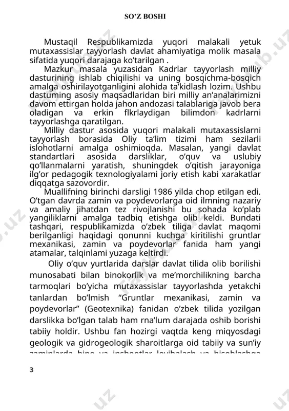 arini chuqurroq o’zlashtirishga olib kelishi shak-shubhasizdir. shu munosabat bilan yangi materiallar bilan boyitib 1993 yilda yuqoridagi darslik qaytadan chop etildi va hozirgi kunda respublikaning з barcha qurilishga oid oily o’quv yurtlarida maskur fan bo’yicha davlat tilidagi yagona qo’ilanma vazifasini o’tab kelmoqda. davlatiraizning o’quv maskanlarida davlat tilidagi o'qitish lotin alifbosida olib borilislii munosabati bilan mazkur darslikni qaytadan nashr etish hozirgi kunda davr talabiga aylanib qoldi. muallifning uzoq yillar davomida toshkent arxitektura-qurilish institutida (politexnika institutida) binokorlik kasbi bo’yicha bilim olayotgan talabalarga o’qib kelayotgan ma’ruzalari darslikka asos qilib olindi. unda horijiy, markaziy osiyo va o’zbekiston rcspublikasi olimlari, hamda muhandislarining gruntlar, zamin va poydevorsozlik sohasida erishgan yutuqlaridan ijodiy foydalanildi. darslik yangicha tahliilanish bilan birga uning “cho’kishning davomiyligi’, "poydevor chuqurligini belgilash”, ’’zamin va poydevorlarni ta’mirlash” ga oid bandlari yangi materiallar asosida kengaytirildi va x-bobga “markaziy yuk ta’siridagi egiluvchan poydevorlarni hisoblash” bo’yicha yangi 3-band kiritildi. muallif darslikni qayta ishlashida va lotin alifbosiga ag’darishda o’zlarining foydali taklif …