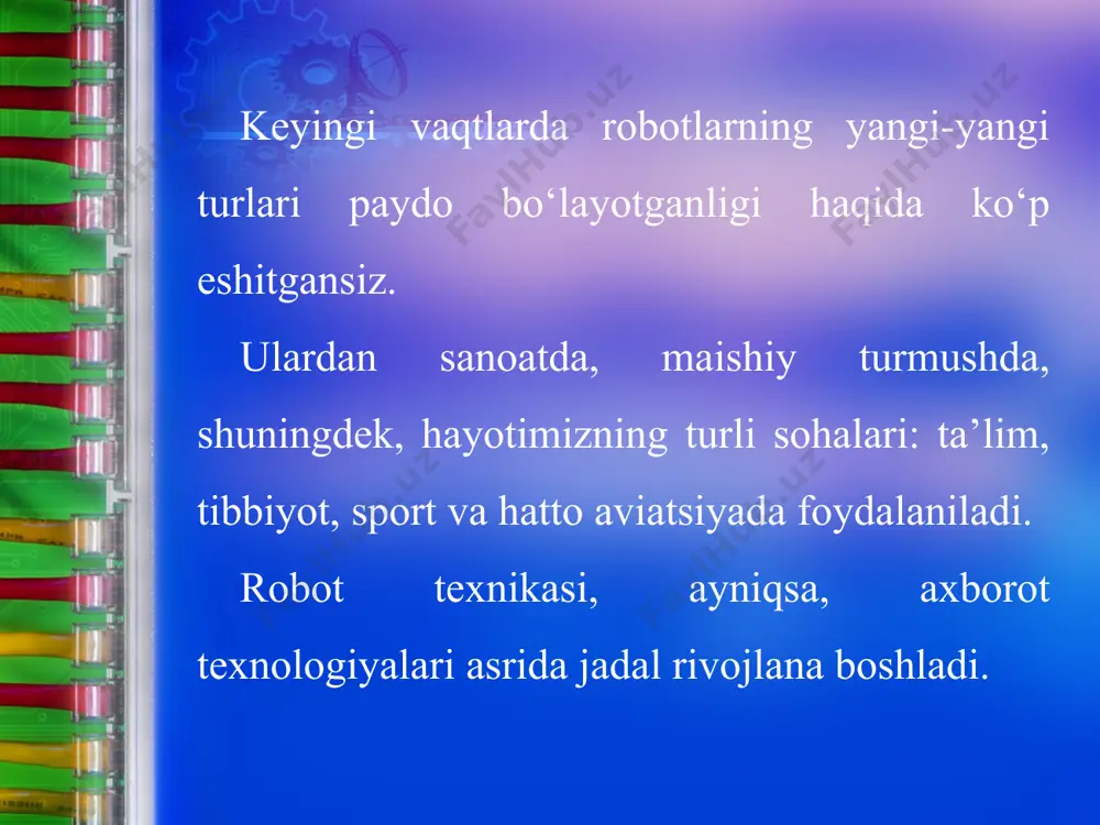 al tusda rivojlanib borsa, yaqin orada har birimizning o‘z xususiy aqlli robotimiz bo‘lishi mumkin. * siz o‘zi yura oladigan, gapira oladigan, kuladigan robotlarni yig‘ishni xohlaysizmi? u holda sizga otto nomli robotni yig‘ishni taklif qilamiz. otto – bu o‘zi nima? otto bu har kim yig‘a oladigan interfaol robotdir. siz otto robotini yig‘ish jarayonida hozirgi zamon texnoliyasida qo‘llaniladigan bir qancha elektron qismlar, sezuvchi sensorlar bilan yaqindan tanishasiz. bundan tashqari, otto – yig‘ma robot jamlanmasini nafaqat yig‘ish, balki “arduino. * ide” dasturlash tili orqali kompyuter yordamida dasturlashtirish bilan ham tanishib olasiz. robotni dasturlash orqali unga turli xil harakatlarni bajartirish mumkin. otto robotini yig‘ish va dasturlashning umuman murakkab tomonlari yo‘q. chunki sizga robotning barcha asosiy algoritmik konstruksiyalari va dasturi hamda yo‘riqnomasi oldindan taqdim qilinadi va tushuntirib beriladi. quyida otto yig‘ma robotining asosiy algoritmik konstruksiyalari bilan tanishib chiqamiz. * * * * * *