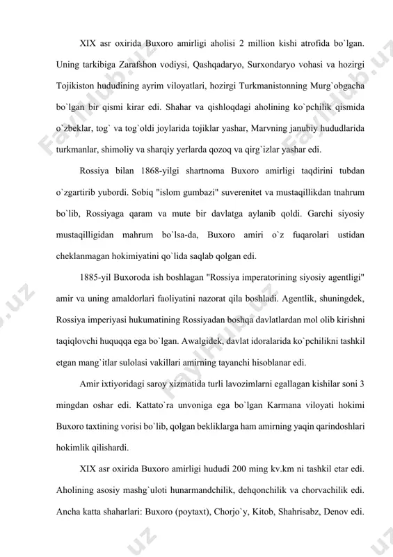 vchi oliy amaldor qushbegi bo`lib, u soliqlar yig`imini boshqarar, ma'muriy amaldorlar tarkibiga rahbarlik qilar, mahalliy beklar bilan yozishmalar olib borar edi. qushbegi har kuni shaxsan hukmdorga amirlikdagi ahvol to`g`risida ma'lumot berib turar edi. barcha amaldorlar qushbegi tomonidan, faqat oliy amaldorlargina amirning o`zi tomonidan tayinlanar edi. xazina va zakot yig`imini boshqargan devonbegi lavozimi ahamiyati va mavqei jihatidan qushbegidan keyin turardi. uning ixtiyorida 300 dan ziyod amaldorbo`lgan. sudlov, notariat ishlarini, ruhoniylar va ta'lim muassasalarini boshqargan boshqozi diniy-sudlov ishlariga rahbarlik qilardi. sud hokimiyatiga amirning o`zi rahbarlik qilardi. sud tizimida amirdan keyin ko`rib chiqilayotgan ish yuzasidan fatvo (xulosa) tuzuvchi muftiylar devoniga rahbarlik qiluvchi bosh qozi turardi. joylarda sud hokimiyatini qozilar idora etardi. politsiya hokimiyati esa mirshablar (tungi qorovullar boshliqlari) qo`lida jamlangan edi. oliy amaldorlar qatoriga qonunlar ijro etilishi, din musaffoligi va axloq muhofazasi, shuningdek, bozordagi tarozilar va o`lchovlar ustidan nazorat qiluvchi rais ham kirardi. rais bosh qoziga bo`ysunardi. bosh rais amir va bosh qoziga …
