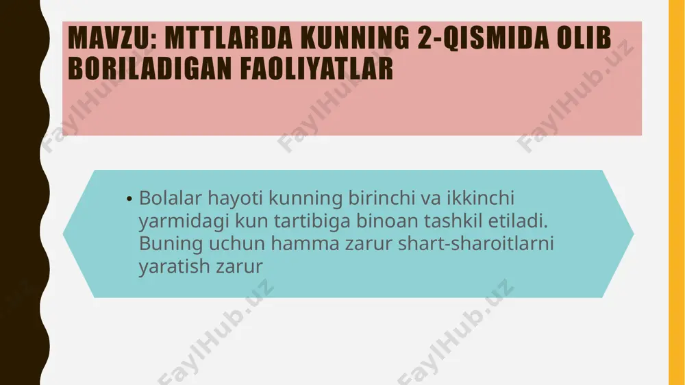 i kerak. o'rta guruh xonasi uxlash xonasi, hojatxona va yechinish xonasiga ega bo'lishi kerak. guruh xonasi bir necha bo'limdan iborat bo'lishi kerak. birinchi o'yin bo'limida qo'g'irchoq bilan o'ynash uchun hamma kerakli narsalar joylashtirilgan shkaf bo'ladi. ikkinchi o'yin bo'limida qurilish materiallari qo'yiladigan shkaf va ular bilan o'ynash uchun joy ajratiladi. shu xonaning yana bir qismida bolalarning badiiy faoliyat bilan mustaqil shug'ullanishlari uchun kerakli materiallar qo'yiladi kitob burchagi va stol usti bosma o'yini bilan shug'ullanishlari uchun o'yin burchagida tinchroq joyni ajratish kerak. tabiat burchagini derazalarga yaqinroqda joylashtirgan ma'qul. xona amaliy san'at asarlari va ko'kalamzorlashtiruvchi o'simliklar bilan bezatiladi. maydoncha boshqa maydonch alar dan yashil, manzarali o'simliklar bilan to'silib, jismoniy mashqlar va sport ermak o'yinlari uchun kerakli asboblar bilan jihozlanadi. katta guruh. o'yin bo'limlari bolalarning yoshiga mos holda, o'rta guruh xonasi kabi jihozlanadi. guruh xonasida yana mashg'ulot o'tkaziladigan bo'lim ajratiladi va u yerga tarbiyachining stoli, ekran, shkaf, doska joylashtiriladi. bolalarning mustaqil o'ynashlari uchun hamma …