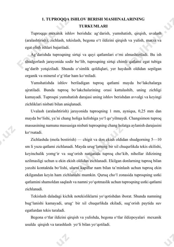 lanishi kamayadi, urug‘ bir xil chuqurlikda ekiladi, sug‘orish paytida suv egatlardan tekis taraladi. begona o‘tlar ildizini qirqish va yulishda, begona o‘tlar ildizpoyalari mexanik usulda qirqish va tarashlash yo‘li bilan yo‘qotiladi. texnologik jarayonda qurollarning ishchi organlari yagona texnologik jarayonni tashkil etuvchi bir nechta ishlarni bir o‘tishda bajaradi. masalan, yer haydashda tuproq palaxsasi egat tubi va devoridan qirqib ajratiladi, ag‘dariladi, yumshatiladi va aralashtiriladi. paxta dalalarini ekishga tayyorlashda quyidagi texnologik jarayonlar bajariladi: yer haydash, chuqur yumshatish, sidirg‘a kultivatsiya qilish, boronalash, frezalash, tekislash, mola bostirish. bir necha texnologik jarayon yoki ish yer ishlash sistemasini tashkil etadi. asosan ikki xil ishlov berish sistemasi bor. asosiy ishlov berish sistemasi oddiy va maxsus pluglar yordamida tuproq palaxsalarini ag‘darib va ag‘darmay haydashdan, yordamchi ishlov berish sistemasi esa dalalarni ekin ekishga tayyorlash (boronalash, chizellash, frezalash, tekislash-molalash) va ekishdan keyin ishlov berish (o‘simliklarni parvarish qilish) dan iborat. qishloq xo‘jaligida ishlab chiqarish jarayonlari. ekin yetishtirish va hosilni yig‘ib terib olish uchun …