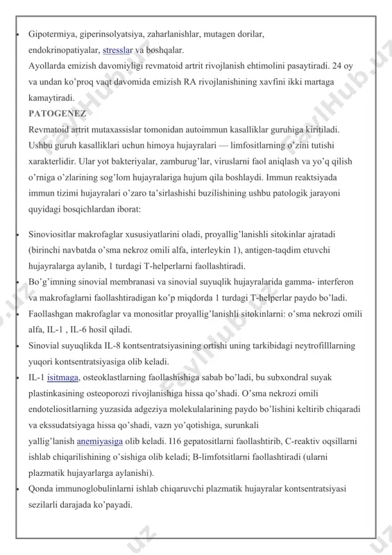 gi t-helperlarni faollashtiradi. · bo’g’imning sinovial membranasi va sinovial suyuqlik hujayralarida gamma- interferon va makrofaglarni faollashtiradigan ko’p miqdorda 1 turdagi t-helperlar paydo bo’ladi. · faollashgan makrofaglar va monositlar proyallig’lanishli sitokinlarni: o’sma nekrozi omili alfa, il-1 , il-6 hosil qiladi. · sinovial suyuqlikda il-8 kontsentratsiyasining ortishi uning tarkibidagi neytrofilllarning yuqori kontsentratsiyasiga olib keladi. · il-1 isitmaga, osteoklastlarning faollashishiga sabab bo’ladi, bu subxondral suyak plastinkasining osteoporozi rivojlanishiga hissa qo’shadi. o’sma nekrozi omili endoteliositlarning yuzasida adgeziya molekulalarining paydo bo’lishini keltirib chiqaradi va ekssudatsiyaga hissa qo’shadi, vazn yo’qotishiga, surunkali yallig’lanish anemiyasiga olib keladi. i16 gepatositlarni faollashtirib, c-reaktiv oqsillarni ishlab chiqarilishining o’sishiga olib keladi; b-limfotsitlarni faollashtiradi (ularni plazmatik hujayarlarga aylanishi). · qonda immunoglobulinlarni ishlab chiqaruvchi plazmatik hujayralar kontsentratsiyasi sezilarli darajada ko’payadi. · 80% bemorlarda qon va sinovial suyuqlikda igg`ning o’zgargan fc sohasiga igm va igg konsentratsiyasi keskin ravishda oshadi (revmatoid omillar). · endotelial o’sish faktorining chiqarilishi sinovial to’qimalarning kapillyarlarini o’sib ketishiga yordam beradi. angioneogenez va …