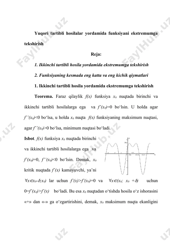 2cosx(1-2sinx)=0 tenglamadan funksiyaning [0;2] kesmaga tegishli bo‘lgan kritik nuqtalarini topamiz: x1=/6; x2=/2; x3=5/6; x4=3/2. endi har bir kritik nuqtada ikkinchi tartibli hosila ishorasini aniqlaymiz va tegishli xulosa chiqaramiz: y’’(/6)=-3 0, demak x2=/2 nuqtada y(/2)=1 minimum mavjud. y’’(5/6)=-3 0, demak x4=3/2 nuqtada y(3/2)=-3 minimum mavjud. bu funksiyaning (-2;2) intervaldagi grafigi 28-chizmada keltirilgan. funksiyaning eng katta va eng kichik qiymatlari faraz qilaylik, f(x) funksiya x sohada aniqlangan bo‘lsin. bu funksiyaning qiymatlar to‘plami e(f)={f(x): xx} ni qaraymiz. agar e(f) to‘plam chegaralangan bo‘lsa, u holda uning aniq yuqori chegarasi mavjud, uni m={f(x)} deb belgilaymiz. agar me(f) bo‘lsa, u holda m soni f(x) funksiyaning eng katta qiymati deb ataladi va m={f(x)} kabi belgilanadi. xuddi shunga o‘xshash e(f) to‘plamning aniq quyi chegarasi mavjud, uni m={f(x)} deb belgilaymiz. agar me(f) bo‘lsa, u holda m soni f(x) funksiyaning eng kichik qiymati deb ataladi m={f(x)} kabi belgilanadi. endi [a,b] kesmada aniqlangan va uzluksiz bo‘lgan f(x) funksiyani qaraymiz. bu holda …
