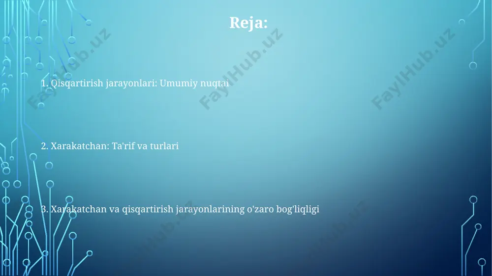 ytirish potentsiali mavjud. redoks reaksiyalari redoks reaksiyalarida elektronlarning o'tish jarayoni 1 dan 7 gacha bo'lgan ph darajalarida, masalan, toshko'mir konlarida topilgan pirit minerallarining oksidlanishida kuzatiladi. o'zbekistonning namangan viloyati tuproqlarida amalga oshiriladigan nitratlarning reduksiyasi jarayonida 2-3 elektronning azotga o'tishi kuzatiladi. temir (iii) ionlarining temir (ii) ionlariga reduksiyasi jarayoni +3 dan +2 oksidlanish darajalariga o'tishni o'z ichiga oladi va bu jarayon ko'pincha suv havzalarida 25°c haroratda sodir bo'ladi. xulosa тошкент шаҳрида ўтказилган 3 та тажриба натижаларига кўра, харакатчанлик коэффициенти 0.8 дан 0.6 гача пасайгани кузатилди, бу эса редукция жараёнларининг муҳимлигини кўрсатади. хулосада 2023 йилдаги ўзбекистоннинг 5 та вилоятидаги қишлоқ хўжалигидаги камида 15% ли камайтириш жараёнларининг самарадорлиги таҳлил қилинади. самарқанд вилоятидаги 100 та фермер хўжалигида ўтказилган социологик сўровнома натижаларига кўра, харакатчанлик даражаси 25% га камайганлиги аниқланди. xarakatchanlikni aniqlash usullari xarakatchanlik darajasini aniqlash uchun, 3 ta turli usul (geofizik, gidrokimyoviy va gidrogeologik) qo'llaniladi va olingan natijalar o'rtacha arifmetik hisoblanadi. yer osti suvlarining harakatchanligini aniqlashda, …