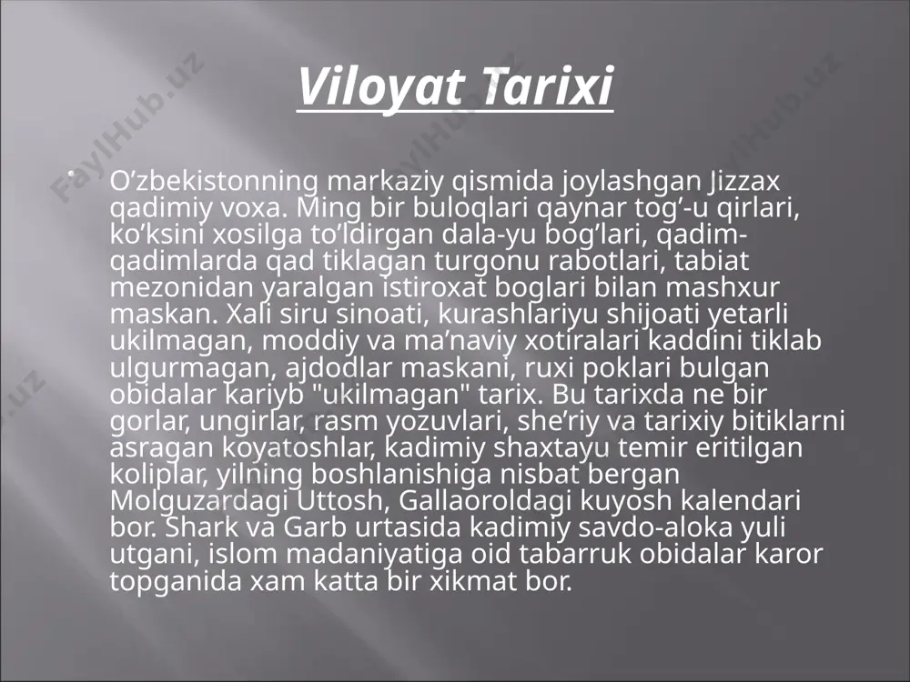 hekinishga majbur kiladi. shundan sung rus armiyasi butun kuchni tuplab jizzaxni zabt etishga karatish maksadida avval xujand va uratepani (24 may, 2 oktyabrь) bosib oladi va oktyabrь boshidan zomin va erjar orkali jizzaxga ikki tomonlama xujumni boshlaydi. jizzax kal’asi 9 paxsali devor bilan uralgan va un ming kishidan ortik. uz ximoyachisi bor edi. nixoyat 12-18 oktyabrь kunlari jizzax uchun juda shiddatli janglar bulib utadi. bu janglar shu darajada daxshatli bulganki, odam koni arik.dagi suv kabi okdi, shaxar ximoyachilarining jasurligiga dushmanlar xam koyil koldi. dushmanning xarbiy ustunligi tufayli jizzaxliklar 18 oktyabrda taslim buldilar. nafakat amir kushinidan 8 ming kishi, balki maxalliy axolidan un mingga yakin kishi xalok buldi. ikki mingdan ortik kishi asir tushdi. ayni vaktda rus kushinlari xam juda katta talafot kurdi. natijada ularning samarkand tomon istilochilik xarakati 1868 yil baxoriga kadar tuxtab koldi. mustaqillik davrida jizzax o’zbekistan mustaqilligi jizzax viloyati xayotida yangicha rivojlanish, qo’shni va xorijiy davlatlar bilan bevosita …