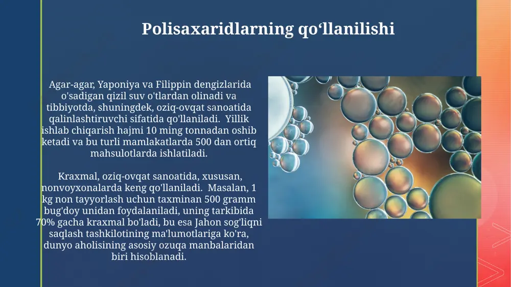 garib turadi va bu ularning biologik funksiyasini, masalan, o'simlik hujayra devori tarkibidagi sellyulozaning mustahkamligini belgilaydi. ularning fizik xossalari ham farq qiladi. polisaxaridlarning tasnifi monosaxarid birliklarining turiga, ularning bog'lanish usuliga va molekulaning tarmoqlanish darajasiga ko'ra 3 asosiy guruhga: sellyuloza, kraxmal va glikogenga bo'linadi, bu 19-asr oxirida nemis olimlari tomonidan aniqlangan. sellyuloza: tuzilishi va xususiyatlari sellyuloza, odam organizmi tomonidan hazm qilinmaydi, chunki odam organizmida uni parchalaydigan ferment - sellyulaza yo'q; ammo, ba'zi bakteriyalar va zamburug'lar sellyulazani parchalay oladi, shu sababli ular qishloq xo'jaligida biofuel ishlab chiqarishda muhim rol o'ynaydi. sellyuloza molekulalari vodorod bog'lari orqali bir-biriga bog'lanib, mustahkam mikrofibrillalar hosil qiladi, bu esa o'simliklarga mustahkamlik va shakl beradi; misol uchun, o'rtacha bir daraxtning sellyuloza miqdori 50% dan ortiq bo'lishi mumkin. pektin moddalari: tuzilishi va xususiyatlari pektinning jel hosil qilish xususiyati uning galakturon kislota zanjirlaridagi metil esterifikatsiya darajasiga bog'liq bo'lib, 60% dan yuqori metil esterifikatsiyaga ega bo'lgan pektinlar tezroq jel hosil qiladi va bu …