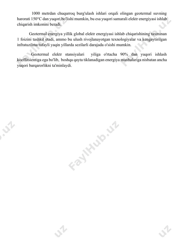 ulush rivojlanayotgan texnologiyalar va kengaytirilgan infratuzilma tufayli yaqin yillarda sezilarli darajada o'sishi mumkin. geotermal elektr stansiyalari yiliga o'rtacha 90% dan yuqori ishlash koeffitsientiga ega bo'lib, boshqa qayta tiklanadigan energiya manbalariga nisbatan ancha yuqori barqarorlikni ta'minlaydi. 📌xulosa янгиланадиган энергия манбалари экологик тозаликни таъминлайди, иқлим ўзгаришига қарши курашда муҳим роль ўйнайди ва энергия хавфсизлигини оширади, шунингдек, иқтисодий ривожланишга ҳисса қўшади. 📚foydalanilgan adabiyotlar 1. янгиланадиган энергия манбалари: глобал кўриниш. жаҳон банки, 2023 йил. 2. quyosh energiyasi texnologiyalari va ularning qo'llanilishi. "energiya" журнали, 2022 йил, 3-сон. 3. shamol energiyasi: rivojlanish istiqbollari va muammolari. "ilmiy ishlar" журнали, 2021 йил, 4-сон. 4