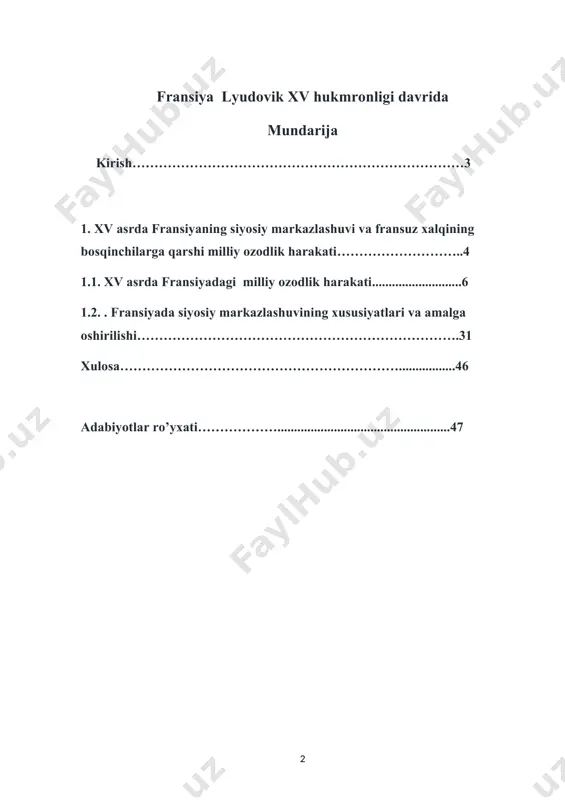 ariga nisbatan ancha revojlangan edi. 1.xv asrda fransiyaning siyosiy markazlashuvi va fransuz xalqining bosqinchilarga qarshi milliy ozodlik harakati. 1.1.xv asrda fransiyadagi milliy ozodlik harakati. xv-xvii asrlarda fransiyada mavjud bo'lgan siyosiy hokimiyatning mazmuni qo'yidagi iborada o'z ifodasini topgan edi: «xudoning irodasi shuki, har qanday qaram bo'lib tug'ilga o'ylab o'tirmasdan bo'ysunmog'i lozim». fransiyada mutloq monarxiya qaror topishi bilan general shtatlar o'zini avvalgi ahamiyatini yo'qotdi. qirollarning o'ziga qolsa, vakillik organlarini butunlay yo'q qilardilar. biroq buning iloji yo'qligi uchun ularning mamlakat siyosiy hayotiga ta'sirini kamaytirishga urinar edilar. bunga erishganlar ham. angliya parlamentidan farqli o'laroq, fransiyada general shtatlar doimiy faoliyat ko'rsatuvchi davlat organiga aylana olmadi. keyinchalik u juda kamdan-kam holatlarda, faqat kuchli zarurat tug'ilgandagina chaqiriladigan bo'ldi. 1614 yildan boshlab butun xv asr davomida esa biror marta ham chaqirilmadi . bu hodisa fransiyada qirol hokimiyati angliya qiroli hokimiyatidan ham kuchliroq boiganligini isbotlaydi. qirol ayni paytda hukumat boshlig'i ham edi. uning huzurida hukumat kengashi tashkil etilgan. kengash …