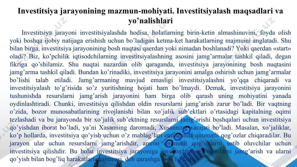 ni jamg’arishdir, ammo qimmatli qog’ozlarni sotib oluvchilar uchun investitsiya qilishdir. bu holat investitsiya jarayoniga investorlarning resurslarni jamg’arish va ularni qo’yish bilan bog’liq harakatlari majmuasi, deb qarashga asos bo’ladi. this presentation uses a free template provided by fppt.com www.free-power-point-templates.com investitsiya shart-sharoitlariga quyidagi omillar kiradi: – umumiqtisodiy shart-sharoitlar – siyosiy shart-sharoitlar – bozor mexanizmi shart-sharoitlari – axborot ta’minoti shart-sharoitlari – ekologik shart-sharoitlar – ijtimoiy madaniy va etnografik shart-sharoitlar this presentation uses a free template provided by fppt.com www.free-power-point-templates.com investitsiya salohiyati omillari tabiiy resurs salohiyati мehnat salohiyati ishlab chiqarish salohiyati innovatsion salohiyat iste’mol salohiyati moliyaviy salohiyat this presentation uses a free template provided by fppt.com www.free-power-point-templates.com mehnat salohiyati iqtisodiy faol aholi soni, yoshi, aholining bilim darajasi kabilarni harakterlaydi. shuningdek, ishlab chiqarishga layoqatli, bilim, malaka, mahoratga ega bo‘lgan kishilardan iborat bo‘lsa, intellektual salohiyat jamiyat a’zolarining ilmiy, ma’rifiy, ma’naviy, intellektual salohiyatini ko‘rsatadi. qoida tarzida, xorijiy investorlarni malakali ish kuchi va arzon ish haqi to‘lanadigan hududlar …