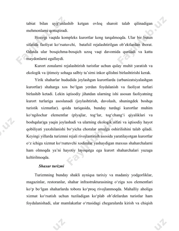 ixiy kvartallar, qirg‘oqbo‘yi plyajlari, parklar va boshqalar) qayta tashkil qilish bo‘yicha rejalar bilan kelishi olinishi lozim. turizmning ixtisoslashtirilgan turlari turizmning ushbu turlariga biror rayonning o‘ziga xos farq qiluvchi xususiyatlari bilan tanishish maqsadidagi sayohatlar kiradi. ular, qoida tariqasida, turistlarning uzoq muddatli shakllangan (havaskorlik va professional) qiziqishlaridan kelib chiqadi. bunday qiziqishlarga quyidagilar kiradi: – madaniyatga qiziqish (teatr, raqs, musiqa, tasviriy san’at, hunarmandchilik, arxitektura, arxeologiya, an’anaviy turmush tarzi va iqtisodiy faoliyatning original turlari); –tabiatga qiziqish (o‘simliklar dunyosi, hayvonot dunyosi, geologiya, landshaft go‘zalliklari, milliy parklar, suv ekotizimlari); –kasbiy faoliyat (o‘xshash mutaxassisliklarning odamlari bilan tanishish, g‘oyalar almashish) yoki o‘quv maqsadlaridagi qiziqish (faoliyatning turistlarning ishi bilan bog‘liq mutaxassislar nazorati ostidagi kollektiv turlari. masalan, turistlarning arxeologik qazishlarda ishlashi). maxsus turlarga shuningdek turizmning kichik ko‘lamli noan’anaviy turlari ham kiradi: · qishloq turizmi– turistlarning kichik guruhlari ana’anaviy, ko‘pincha uzoq qishloqlarga yoki ularga yaqin joylarga joylashishadi (ular mahalliy hayot ukladi va muhit bilan tanisha boradilar); · qiloq yoki fermer turizmi …