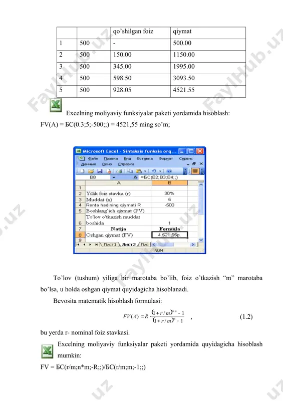 funksiyalar paketi yordamida quyidagicha hisoblash mumkin: fv = бс(r/m;n*m;-r;;)/бс(r/m;m/p;-p;;) 3-misol. 1.2- misolda yillik tushum qiymati ikki bo’lib, ya’ni har yarim yilda o’tkazilganda oshgan qiymatni hisoblang? berilgan: r = 500; r = 30%; p = 2; m = 4; n = 5. topish kerak: fv(a) = ? yechish: bevosita (1.4) matematik formula yordamida hisoblash: excelning moliyaviy funksiyalar paketi yordamida hisoblash: fv = бс(0.3/4;5*4;-500;;)/бс(0.3/4;4/2;-2;;) = 5,217.43 ming so’m; amaliyotda, ko’pincha qarzlarni qoplashda postnumerando, ya’ni to’lovlarni davr oxirida o’tkazish usuli qo’llaniladi. prenumerando, ya’ni to’lovlarni davr boshida o’tkazish usuli ko’pincha har xil jamg’armalar sxemasida, mijozlarni jalb qilishda bank tomonidan keng qo’llaniladi.prenumerandoda oshgan qiymat odatiy postnumerandodagi oshgan qiymatdan 1+ r marta katta bo’ladi. shuning uchun oshgan qiymatni hisoblash quyidagicha amalga oshiriladi: bevosita matematik hisoblash formulasi: (1.5) agar foizlarni hisobga olish yiliga “m” marta bo’lsa, u holda (1.6) excelning moliyaviy funksiyalar paketi yordamida quyidagicha hisoblash mumkin:fv = бс(r;n;-r;;)*бс(r;1;;-1;) agar foizlarni hisobga olish yiliga “m” marta bo’lsa, …