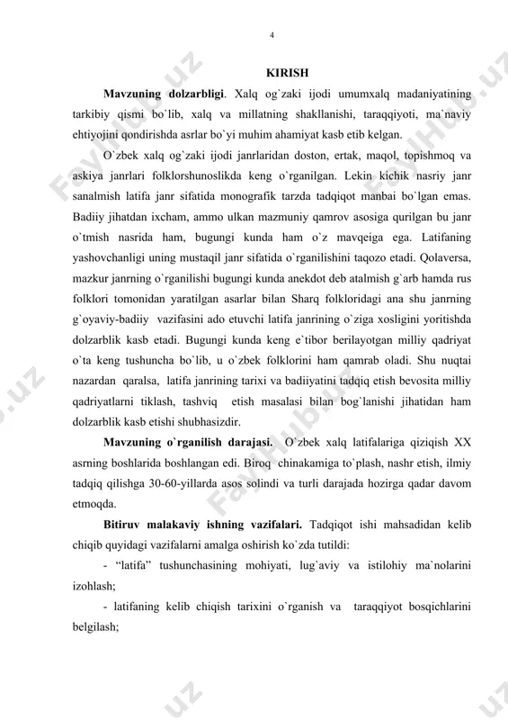 masining ma`nosi, janrning genezisi va poetikasi maxsus o`rganilgan tadqiqotlar anchagina. xalq orasida “afandi”, ilmiy kitoblarda “latifa” deb yuritiluvchi og`zaki nasrga oid janrning atamasi haqida ko`pgina fikrlar bildirilgan. shunga qaramay, bitiruv malakaviy ishimiz uchun mustahkam ilmiy asoslangan atama qo`llash maqsadida biz quyida “latifa” terminining lug`aviy hamda istilohiy ma`nolari haqida to`xtalishni lozim topdik. adabiyotshunoslik terminlari lug`atida yozilishicha, “latifa (arabcha – go`zal, yoqimli so`zidan, ko`pligi latoyif - latifalar, go`zal so`z va hikoyalar) - xalqning nozik fahmlilik bilan aytilgan kulgili kichik hikoyasi. latifa ba`zan nodira, zarifa va ajiba deb ham yuritilgan. latifa haqida ba`zi olimlarimiz mulohazalariga nazar tashlaylik. bu yerda bizning diqqatimizni tortgan n.osmanovning fikriga e`tiboringizni qaratamiz: “yaqin va o`rta sharq mamlakatlarida “anekdot” so`zi, albatta, qo`llanilmagan va bu yerda aytilayotgan hikoyalar esa har xil, ko`pincha arabcha nomlarga ega bo`lishgan. eng ko`p rasm bo`lgani latifa (latoyif) - hazil, askiya, zarifa (zaroyif) - nozik fikrli hikoya, nodira (navodir) va ajiba (ajoyib) - noyob, mashhur, g`alati narsa. …