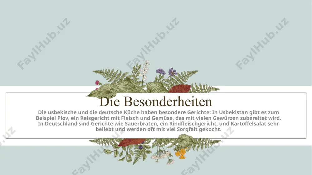 serviert und ist ein häufiges gericht bei festen und familienfeiern. bratwurst ist eine klassische deutsche wurst, die meist aus schweinefleisch, rindfleisch oder einer mischung beider fleischsorten hergestellt wird. sie wird gewürzt mit kräutern und gewürzen wie salz, pfeffer, muskatnuss und knoblauch. *bratwurst* wird traditionell gegrillt oder gebraten und oft mit sauerkraut oder kartoffelsalat serviert. заголовок презентации 7 7 die usbekischen und deutschen gerichte somsa ist ein traditionelles usbekisches gebäck, das mit fleisch, meist lamm oder rind, und zwiebeln gefüllt ist. die füllung wird in teig eingewickelt, oft in eine dreieckige form gebracht, und dann im ofen oder in einem tandoor (einem speziellen lehmofen) gebacken, was der somsa eine knusprige kruste verleiht. käsekuchen ist ein beliebtes deutsches dessert, das aus einer cremigen quark- oder frischkäsefüllung auf einem boden aus mürbeteig oder kekskrümeln besteht. die füllung wird oft mit eiern, zucker und manchmal vanille oder zitronenschale verfeinert, um einen frischen geschmack zu …