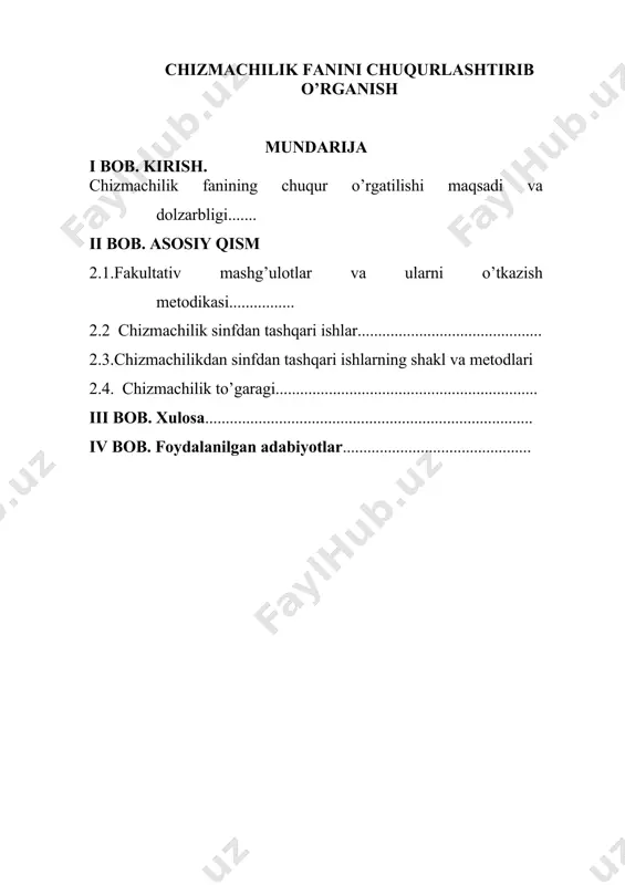 osiy mazmuni chuqurlashtirib o'rganiladi va uning amaliy qo'llanilish sohalariga ko'proq e'tibor qaratiladi. ikkinchi bosqichda o'quv materialida o'rganiladigan nazariy yo'nalishlarni birmuncha kengaytirish, amaliy qo'llash sohalari bilan keng tanishish, murakkab grafik topshiriqlar bajarish va olingan bilimlarni amaliyotda mustaqil qo'llash bilan bog'liq bo'lgan ijodiy xarakterdagi topshiriqlarni bajarish ko'zda tutiladi. bunday sinf (maktab)lardagi tarbiyaviy ishlar shaxsni har tomonlama rivojlantirish va kasbga yo'naltirishni hisobga olib tashkil qilinishi zarur. tarbiyaviy ishlar tarkibiga to'garak mashg'ulotlari, olimpiadalar, tanlovlar, fan va texnika namoyondalari, madaniyat xodimlari, ishlab chiqarish ilg'orlari bilan uchrashuvlarni o'tkazishlar ham kirishi kerak. bunday sinflardagi chizmachilik kursida proeksion, mashinasozlik, arxitektura-qurilish va texnik rasm bo'limlarini chuqurlashtirib o'rganish maqsadga muvofiq. «proeksion chizmachilik» bo'limi geometrik yasashlar va «chizma geometriya elementlari»da o'rganiladigan qator mavzular: proyeksiyalash usullari, geometrik elementlarning proyeksiyalari, sirtlarning tekislik va to'g'ri chiziq bilan kesishishlari, sirtlarning o'zaro kesishishlarini o'rganishni hamda texnik detal chizmalarini bajarishni o'z ichiga oladi. «mashinasozlik chizmachiligi» bo'limi konstruktorlik hujjatlarini o'rganish, detal va yig ish birligining chizmalarini bajarish, aksonometrik …