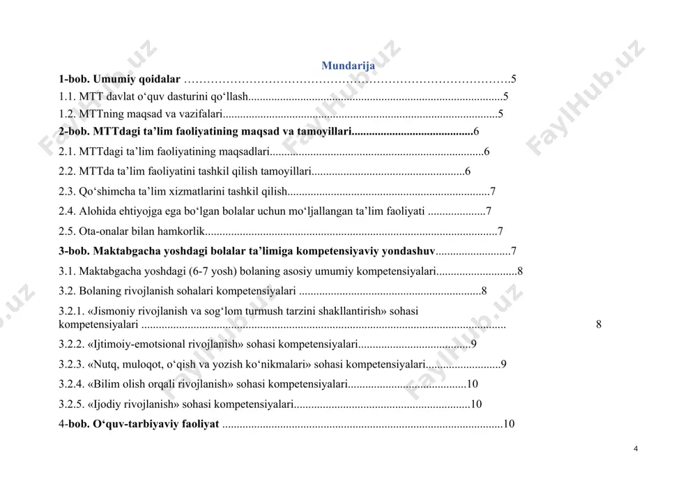 ...................................................................26 ilova 6 ..............................................................................................................................................28 3 dan 7 yoshgacha bo‘lgan bolaning rivojlanish xaritasi ................................................................28 3 dan 5 yoshgacha bo‘lgan bolaning rivojlanish xaritasi ................................................................29 5 dan 7 yoshgacha bo‘lgan bolaning rivojlanish xaritasi ................................................................30 ilova 7 .............................................................................................................................................. 30 6-7 yoshli bolaning maktabga tayyorlik xaritasi.............................................................................30 1-bob. umumiy qoidalar maktabgacha ta’lim muassasasining davlat o‘quv dasturi (quyida: «mtt davlat o‘quv dasturi») o‘zbekiston respublikasining ilk va maktabgacha yoshidagi bolalarni rivojlantirish borasidagi davlat talablariga muvofiq ishlab chiqilgan me’yoriy-huquqiy hujjat bo‘lib, unda maktabgacha ta’lim muassasasining maqsad va vazifalari, o‘quv-tarbiyaviy faoliyatning asosiy g‘oyalari ifodalangan, shuningdek, bolaning ta’limning keyingi bosqichiga o‘tishidagi asosiy kompetensiyalari belgilangan. davlat o‘quv dasturi o‘zbekiston respublikasi hududida joylashgan quyidagi ta’lim muassasalarida qo‘llash uchun majburiy: · davlat maktabgacha ta’lim muassasalari; · maktabgacha ta’lim sohasida xizmat ko‘rsatuvchi nodavlat muassasalari; · maktabgacha guruhlarga ega bo‘lgan «mehribonlik» bolalar uylari; · maktabgacha va boshlang‘ich ta’limni nazorat qiluvchi boshqaruv organlari. 1.1. mtt davlat o‘quv dasturini qo‘llash davlat o‘quv dasturi variativ o‘quv dasturlarini yaratishda majburiy …