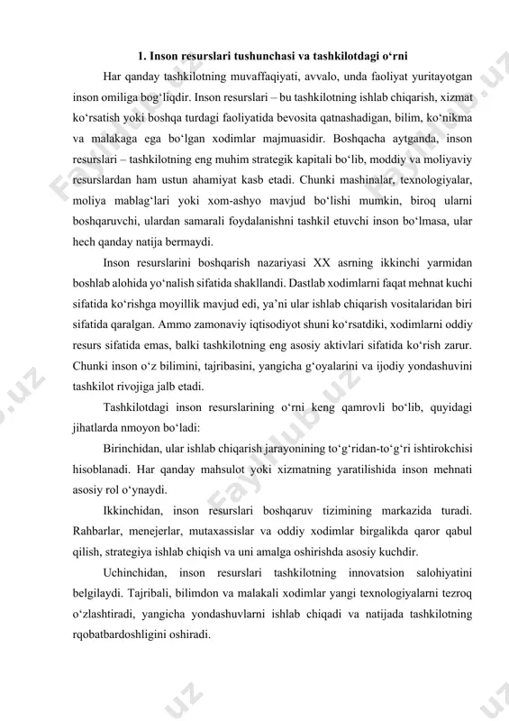shqaruv tizimining markazida turadi. rahbarlar, menejerlar, mutaxassislar va oddiy xodimlar birgalikda qaror qabul qilish, strategiya ishlab chiqish va uni amalga oshirishda asosiy kuchdir. uchinchidan, inson resurslari tashkilotning innovatsion salohiyatini belgilaydi. tajribali, bilimdon va malakali xodimlar yangi texnologiyalarni tezroq o‘zlashtiradi, yangicha yondashuvlarni ishlab chiqadi va natijada tashkilotning rqobatbardoshligini oshiradi. to‘rtinchidan, inson resurslari tashkilot madaniyatini shakllantiradi. xodimlarning qadriyatlari, axloqiy tamoyillari va ijtimoiy munosabatlari tashkilot ichidagi muhitga bevosita ta’sir qiladi. sog‘lom muhit esa yuqori samaradorlik va uzoq muddatli barqarorlikni ta’minlaydi. bugungi kunda ko‘plab yetakchi kompaniyalar inson resurslariga investitsiya qilishni o‘z strategiyalarining ustuvor yo‘nalishi sifatida belgilagan. masalan, xodimlarni muntazam o‘qitish, qayta tayyorlash, motivatsiya tizimini kuchaytirish, ularning ijtimoiy himoyasini ta’minlash orqali inson resurslaridan samarali foydalaniladi. natijada, bunday tashkilotlar nafaqat moliyaviy ko‘rsatkichlarda, balki ijtimoiy barqarorlikda ham yuqori natijalarga erishmoqda. shu nuqtayi nazardan qaraganda, inson resurslari tashkilotning yuragi hisoblanadi. agar boshqa resurslar – moliya, texnika yoki binolar passiv bo‘lsa, inson resurslari faol va ijodkorlikka ega bo‘lgan yagona …