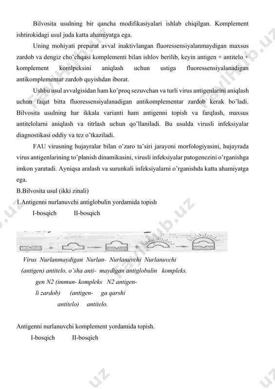 tigen- ga qarshi antitelo) antitelo. antigenni nurlanuvchi komplement yordamida topish. i-bosqich ii-bosqich virus komplement nurlanmay- nurlanuv- nurlanuvchi (antigen) aralashmasi digan kom- chi antikom- kompleks. va nurlan- pleks (anti- plementar maydigan gen-antite- globulin antitelo lo-komple- ment) fluoressensiyalanuvchi antitelolar usuli bo’yicha baholash sxemasi. + + + + -och yashil ravshan nur sochganda; + + + -yashil ravshan nur sochganda; + + -yashil sariq rangli past nur sochganda; + -aniq bo’lmagan past nur sochganda; - - ob’ekt nur sochmaganda; fau diagnostikaning ekspress - usuliga kiradi, chunki qisqa vaqtda (bir necha soat) eng kam miqdordagi antigenni aniqlashga imkon beradi. ammo, fau ba’zan laboratoriya diagnostikasida qoniqarsiz natijalar ham beradi. reaksiyaning maxsuslik darajasini ko’rsatish qiyin. nospesifik reaksiyalarning sababi to’liq o’rganilmagan. aniqlanganlari quyidagilar: 1) kon’yugatda oqsillar bilan birikmagan fluoroxromning bo’lishi; 2) kon’yugatda geterologik antitelolar bo’lishi; 3) preparatda belgilangan oqsillarning nospetsifik adsorbsiyasi asosiy adabiyotlar 1. вербицкий а.а., алешкевич в.н и др. микробиология и иммунология. учебное пособие минск-2019. 2. …