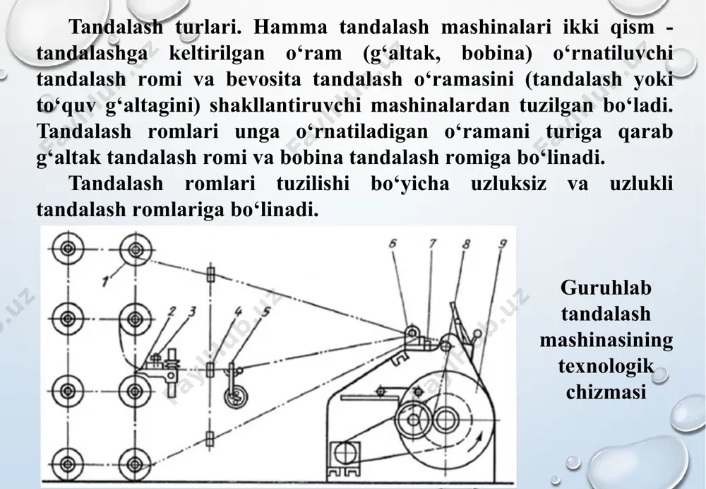omillari 1.tandalash tezligi. uning sifati turi chiziqli zichligiga qarab ma’lumotnomadan tanlanadi. 2.iplarning tarngligi. iplarning sifatiga chiziqli zichligiga qarab ma’lumotnomadan tanlab olamiz yo’q bo’lsa ipning pishiqligidan-10% miqdorda qabul qilamiz. 3.o’ram zichligi. iplar turi chiziqli zichligiga qarab ma’lumotnomadan tanlanadi. 4.g’altakdagi (pilitadagi) iplarning soni. 5.g’altakdagi ipning uzinligi hisoblanadi. 6.tandalsh jarayonidagi iplprning uzilishi. tandalash jarayonida 1000000 metr yakka ipga (nisbatan olinadi ) to’g’ri keladigan uzilishlar soni olinadi. 1.tanda g’altagidagi ip xajmi, sm3 2. tandalash g’altagiga o’ralgan iplarni og’irligi, kg g=v/1000 3. guruxdagi g’altaklar soni kg’=nt /mr agar kg’ qiymatda qoldiq son chiqsa, uni katta tomonga yaxlitlab olinadi. misol: agar kg’ =6,4 bo’lsa, u holda kg’' =7deb qabul qilinib olinadi. 4. tanda g’altagidagi iplar soni mt=nt/ kg’' 5. tanda g’altagiga o’ralgan ipning uzunligi, m lt.g’=g106/mt tip 6.guruxdagi tanda g’altaklaridan olinadigan to’quv g’altaklari soni kt.g’= lt.g’ / lt agar kt.g’ qiymatda qoldiq son chiqsa, uni kichik tomonga yaxlitlab olinadi. misol: agar kt.g’=9,4 bo’lsa, u holda kt.g’'=9deb …