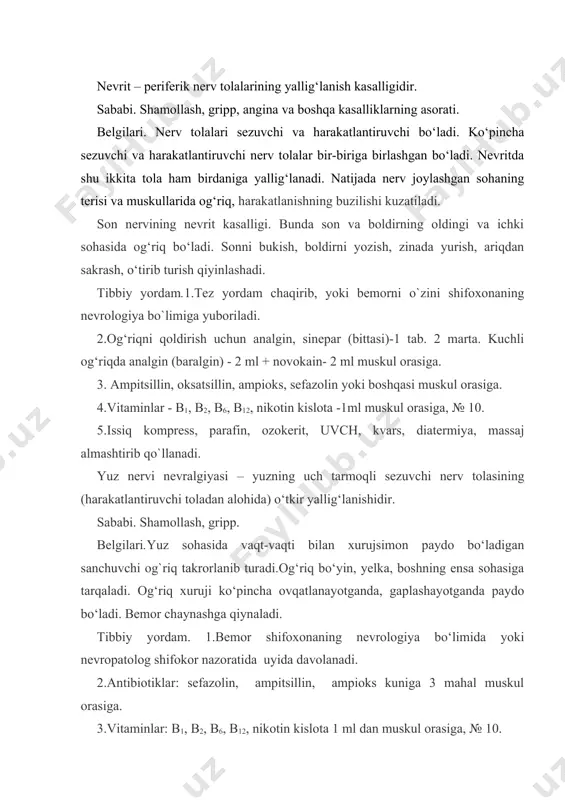 iatermiya, parafin, ozokerit, elektroforez (navbat bilan). radikulit - umurtqa pog`onasi atrofidagi nerv tolalarining yallig‘lanishi, zararlanishi. sababi. shamollash, og‘ir yuk ko‘tarish, noqulay harakatlar va shikastlanish. belgilari. joylashuviga qarab bo‘yin, bo‘yin-ko‘krak, bel-dumg‘aza radikulitlari farq qilinadi. ko`pincha bel-dumg‘aza radikuliti uchraydi. uning belgisi: bel sohasida og‘riq, harakatning qiyinlashuvi. og‘riq bel sohasidan son, boldir, tovonga tarqalishi ham mumkin. umurtqa pog`onasining o`ng yoki chap tomonidagi nerv tolalari yallig‘lanishiga qarab og‘riq bir tomonda kuchliroq bo`ladi. shunga ko`ra bemor tik turganda va o‘tirganda og‘irligini sog‘ tomonga tashlaydi. tibbiy yordam. 1.bemor shifoxonaning nevrologiya bo‘limida yoki poliklinikaning nevropatolog shifokori nazoratida uyida issiq sharoitda to‘shakda yotib davolanishi kerak. 2.o’riqni qoldirish uchun analgin (baralgin)-2 ml, novokain -2 ml yoki reopirin-5ml yoki diklofenak- 3 ml muskul orasiga, sinepar-1 tab.2 mahal ichishga va shuning mazi surtishga. 3.antibiotiklar va fizioterapevtik muolajalar nevrit va nevralgiyadagidek. 4.aloe-1 ml, steklovidnoe telo-2 ml, gumizol-2 ml muskul orasiga, navbat bilan № 10. 5.novokain 2 % - 10 ml bilan og‘riqli …