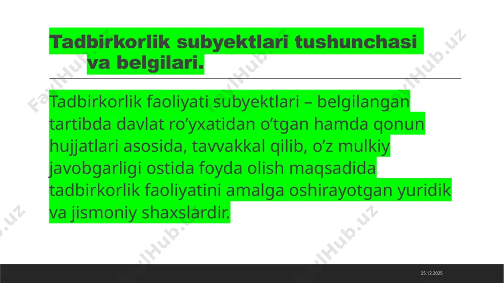 iliy-huquqiy shakli bo‘lib, o‘zbekiston respublikasining “xususiy korxona to‘g‘risida”gi 2003-yil 11-dekabrdagi n 558-ii sonli qonuniga muvofiq mulkdor yagona jismoniy shaxs tomonidan tuzilgan va boshqariladigan tijoratchi tashkilot xususiy korxona deb e’tirof etiladi. xususiy korxona mulkdori korxonani rahbar sifatida yakka boshqaradi, korxona nomidan ishonchnomasiz ish ko‘radi, uning manfaatlarini ifodalaydi, xususiy korxonaning pul mablag‘larini hamda boshqa mol-mulkini tasarruf etadi, shartnomalar, shu jumladan mehnat shartnomalari tuzadi, ishonchnomalar beradi, banklarda hisobvaraqlar ochadi, shtatlarni tasdiqlaydi, korxonaning barcha xodimlari uchun majburiy bo‘lgan buyruqlar chiqaradi va ko‘rsatmalar beradi. xususiy korxonaning foydasi soliqlar va boshqa majburiy to‘lovlar to‘langanidan so‘ng korxona mulkdorining tasarrufiga o‘tadi hamda unga soliq solinmaydi. thank you the end 01.03.2023 image1.jpeg image2.png image3.png image4.png /docprops/thumbnail.jpeg