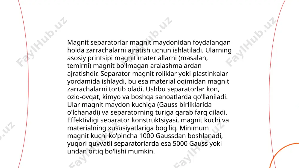 va jiddiy shikastlangan qismlarni almashtiring. foydalanish bo‘yicha tavsiyalar va ishlab chiqaruvchining ko’rsatmalariga rioya qiling. jamoaviy xavfsizlik vositalarini, masalan, ko‘zoynak va quloq himoyachilarini taqing. elektr uskunalar bilan ishlaganda favqulodda vaziyatlar rejalarini bilib olish tavsiya etiladi. ... t.me/slaydai_bot magnit separatorlarining modernizatsiya qilinishi ularning ajratish samaradorligini oshirish uchun muhim ahamiyatga ega. hozirgi zamonaviy texnologiyalarni qo'llash orqali separatsiya jarayonida energiya iste'molini 20-30% ga kamaytirish mumkin. innovatsion materiallardan tayyorlangan magnit elementlar sezgirlikni oshiradi, bu esa 10-15% ko'proq foydali komponentlarni ajratishga imkon beradi. avtomatlashtirilgan boshqaruv tizimlari yordamida ish unumdorligi 25-40% ga ortadi. sensorli monitoring orqali qayta ishlash sifatini va ishonchliligini yuzasidan muhim ma’lumotlar olinadi. shu bilan birga, texnik xizmat ko'rsatish davrlarini optimallashtirish orqali separatorlarning umrini uzaytirish va ekspluatatsiya xarajatlarini kamaytirish imkoniyatlari mavjud. ... t.me/slaydai_bot 10. ishlab chiqarishda magnit separatorlardan foydalanish magnit separatorlar sanoatda turli rudalarni ajratishda keng qo‘llaniladi. ular ferromagnit metall va boshqa aralashmalarni ajratishga yordam beradi, bu esa mahsulot sifati va ishlab chiqarish samaradorligini oshiradi. …