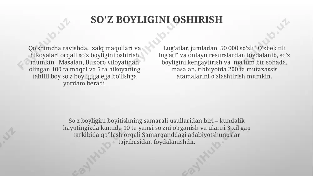 grammatik jihatdan to'g'ri tuzilgan gaplarni shakllantirish ko'nikmalarini rivojlantiradi, natijada nutq sifati oshadi. jamoatchilik oldida nutq so'zlash nutq madaniyatini rivojlantirish bo'yicha 2023-yilgi seminarlarda, 100 dan ortiq ishtirokchi nutqning strukturasi va rejalashtirishining ahamiyatini, shuningdek, buxoro shahrida bo'lib o'tgan amaliy mashg'ulotlarni yuqori baholadilar. o'zbekistonning turli shaharlarida, masalan, toshkent va farg'onada o'tkazilgan tadqiqotlar shuni ko'rsatdiki, nutqning tezligi va pauzalarni to'g'ri qo'llash 15% ga tinglovchilarning tushunishini yaxshilaydi. nutqning ta'sirchanligini oshirish uchun 3 ta asosiy usul mavjud: 5-7 minut davom etadigan qisqa va aniq nutq tuzish, tinglovchilar bilan ko'z aloqasini 20-30 soniya davomida saqlash va samarqanddagi mashg'ulotlarda o'rganilgan intonatsiya texnikalarini qo'llash. diksiya ustida ishlash 5 хил турли тил бургуларини кунига 3 марта, ҳар бирини 1 дақиқадан бажариб, нутқ аъзоларининг моторикасини ривожлантириш дикцияни яхшилайди. тошкентдаги логопедлар тавсиясига кўра, кунига камида 1 соат скороговоркаларни ўқиш, жумлалардаги 3 та ва ундан ортиқ увулишларни аниқ талаффуз қилишга эътибор қаратиш муҳим. дикцияни яхшилаш учун ҳар куни 20-30 дақиқа вақт ажратиб, самарқанддаги …