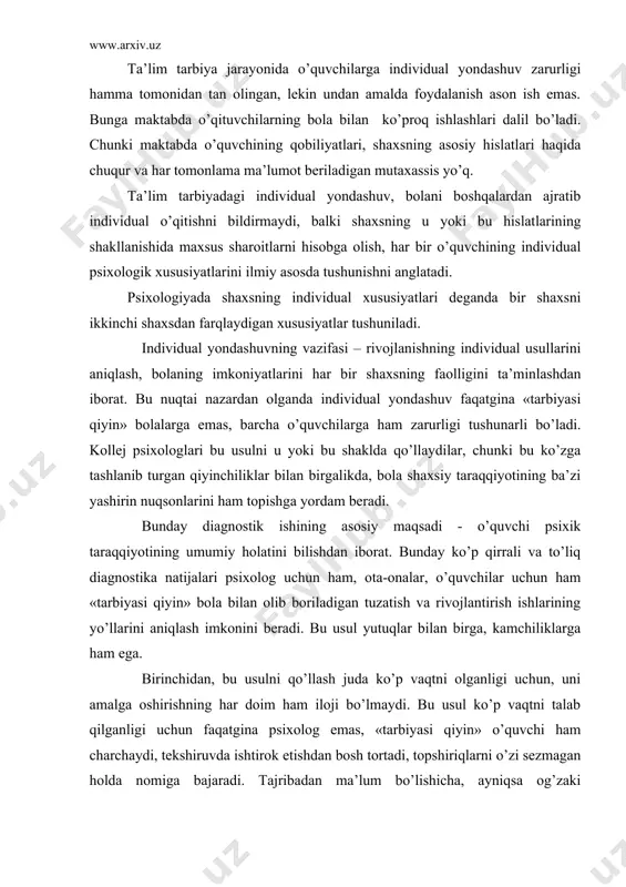 g yo’llarini aniqlash imkonini beradi. bu usul yutuqlar bilan birga, kamchiliklarga ham ega. birinchidan, bu usulni qo’llash juda ko’p vaqtni olganligi uchun, uni amalga oshirishning har doim ham iloji bo’lmaydi. bu usul ko’p vaqtni talab qilganligi uchun faqatgina psixolog emas, «tarbiyasi qiyin» o’quvchi ham charchaydi, tekshiruvda ishtirok etishdan bosh tortadi, topshiriqlarni o’zi sezmagan holda nomiga bajaradi. tajribadan ma’lum bo’lishicha, ayniqsa og’zaki metodikalar qanchalik to’liq bo’lmasin, qiyinchilik tug’diradi. bundan tashqari bunday metodikalar shaxsni to’liq xarakterlash uchun etarli bo’lmaydi. rasmiy iltimosga qanday munosabatda bo’lish kerak? kollej psixologi javob beradigan birinchi savol mana shu. rasmiy iltimosga ikki xil munosabat, ikki xilma-xil ish uslubi mavjud. birinchisi, rasmiy iltimosga o’ziga xos bo’lmagan javob qaytarishdir. bu ikki usul bilan amalga oshiriladi. birinchidan, rasmiy talabga javob tarzida (uning mazmuniga bog’liq bo’lmagan holda) psixodiagnostik metodlar to’plami qo’llaniladi. ikkinchidan, rasmiy talabga o’ziga xos javob qaytarishning usuli bo’lib, mashhur amerikalik psixolog k. rodjers psixologiya fani va amaliyotiga kiritgan psixologik ish …