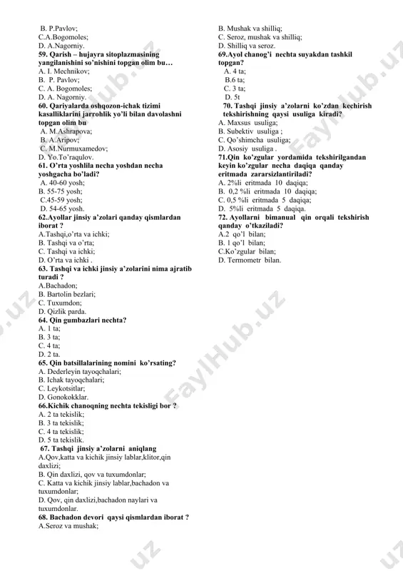 da uchraydi; b. qisqa davom etadigan kasallik; c. qisqa davom etadigan kasallik bo’lib, immunitet hosil bo`lmaydi; d. klinik belgilarsiz kechadi. 33. latent infeksiya uchrashiga sabab nima ? a. aholi sonining ortib borishi; b. kasallik uchraydigan mikroorganizimning o’zgaruvchanligidir; c. ekologiyaning buzilishi; d. mikroorgaanizmlar rezistentligining oshishi. 34. sust infeksiya bu …? a. kasallik uchraydigan mikroorganizimning o’zgaruvchanligidir; b. qisqa davom etadigan kasallik bo’lib, immunitet hosil bo`lmaydi; c. uzoq davom etadigan yashirin davrga ega sekin rivojlanadigan yuqumli kasallik; d. qisqayashirin davrga ega tez rivojlanadigan yuqumli kasallik. 35. infeksiya tashuvchanlik nima ? a. yuqumli kasallik qo`zg`atuvchisining tashib yuruvchi sog’lom kishilardir; b. yuqumli kasallik qo`zg`atuvchining tashib yuruvchisi kasal kishilardir; c. mikroorgaanizmlar rezistentligining oshishi; d. sog’lom odamlarning kasallanib qolishi. 36. yuqumli kasallik qo’zg’atuvchisining organizimga 3 oygacha saqlanishi nima deyiladi? a. o’tkir rekonvalisient ; b. surunkali rekonvalisient ; c. kasllikning qaytalanishi ; d. sog’lom odamlarning kasallanib qolishi. 37. yuqumli kasallik qo’zg’atuvchisining organizimga 3 oydan oshganda aniqlanishi nima deyiladi? …