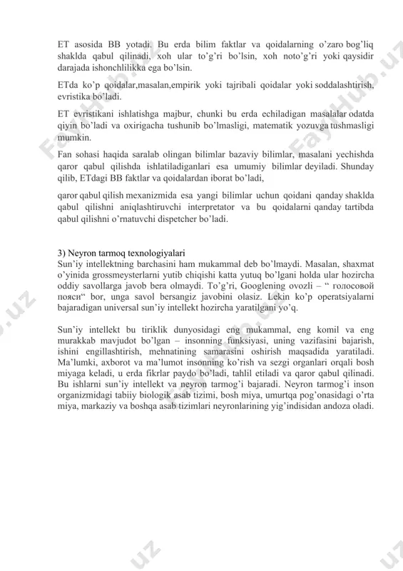 gi formal shaklda berilishi: agar , u holda . ekspert tizim – bu oldidan mo’ljallab qo’yilgan va boshqa bilimlardan ajratilgan soxa bilimlariga asoslangan dastur. evristika – fan sohasidagi echim izlashni cheklaydi yoki soddalashtiradigan qoida. semantik tarmoq – bu bilimlarni graf shaklida ko’rsatuvchi metod, unda uch qismlari ob’yektlarni, yoylar esa uning xususiyatlarini bildiradi. slot – bu ob’ekt xususiyati atributi tavsifi. etni tashkillashtirilgan strukturasi et asosida bb yotadi. bu erda bilim faktlar va qoidalarning o’zaro bog’liq shaklda qabul qilinadi, xoh ular to’g’ri bo’lsin, xoh noto’g’ri yoki qaysidir darajada ishonchlilikka ega bo’lsin. etda ko’p qoidalar,masalan,empirik yoki tajribali qoidalar yoki soddalashtirish, evristika bo’ladi. et evristikani ishlatishga majbur, chunki bu erda echiladigan masalalar odatda qiyin bo’ladi va oxirigacha tushunib bo’lmasligi, matematik yozuvga tushmasligi mumkin. fan sohasi haqida saralab olingan bilimlar bazaviy bilimlar, masalani yechishda qaror qabul qilishda ishlatiladiganlari esa umumiy bilimlar deyiladi. shunday qilib, etdagi bb faktlar va qoidalardan iborat bo’ladi, qaror qabul qilish mexanizmida …