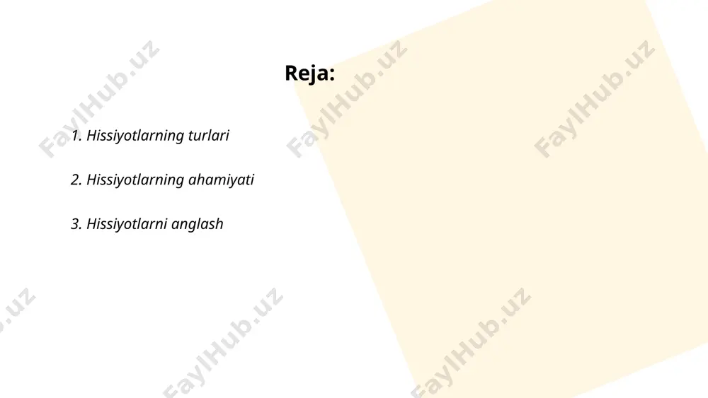 insonning ham o‘zini, ham boshqalarni tushunishga yordam beradi. miyaning limbik tizimi hissiyotlarni boshqarishda asosiy rol o‘ynaydi. tadqiqotlar asosida aniqlangan bazaviy hissiyotlar — quvonch, g‘am, qo‘rquv, g‘azab, hayrat va jirkanishdir. insonlar 90% hollarda yuz ifodasi orqali hissiyotlarini ifodalaydilar. turli madaniyatlar hissiyotlarni anglashda 30-40% farqlanadi. ... t.me/slaydai_bot 4. hissiyotlarni boshqarish hissiyotlarni boshqarish inson salomatligi va farovonligini saqlashda muhim ahamiyatga ega. tadqiqotlar shuni ko‘rsatadiki, hissiyotlarni samarali boshqarish stress darajasini 30% gacha kamaytirishi mumkin. shuningdek, bunday boshqaruv ijtimoiy aloqalarni 40% yaxshilaydi va ish unumdorligini 25% oshirishi mumkin. ularning boshqarilishi uchun mindfulness va meditatsiya kabi usullar qo'llanilishi mumkin. shu usullar yordamida salbiy hissiyotlar ustidan nazorat qilinadi va ijobiy hissiyotlar rivojlantiriladi. har kuni atigi 10 daqiqa meditatsiya qilish, hissiyotlarni boshqarishga sezilarli ta'sir qiladi. bu esa insonning ruhiy holatini barqarorlashtiradi va umumiy hayot sifatini yaxshilaydi. ... t.me/slaydai_bot hissiyotlar va ruhiy salomatlik inson hayotida katta ahamiyatga ega. jahon sog‘liqni saqlash tashkilotining ma’lumotlariga ko‘ra, dunyo bo‘ylab har 4-odamdan biri …