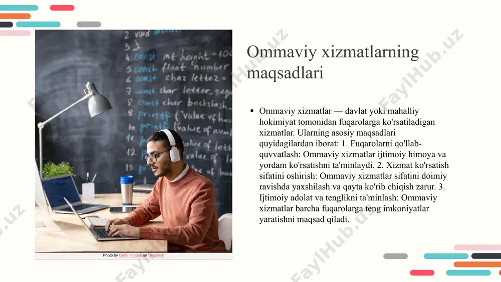 arayonida shaffoflikni ta'minlaydi. ommaviy xizmatlarda ma'muriy huquqning afzalliklari ommaviy xizmatlarda ma'muriy huquqning afzalliklari va imkoniyatlari quyidagilardan iborat: 1. xizmat sifatini oshirish: ma'muriy huquq xizmatlarning sifatini boshqarish va nazorat qilish imkonini beradi. 2. shaffoflikni ta'minlash: ommaviy xizmatlar jarayonlarining ochiqligi va shaffofligini oshiradi. 3. innovatsiyalarni qo'llab-quvvatlash: ma'muriy huquq yangi g'oyalar va yechimlarni joriy etishda yordam beradi. 4. qonunbuzarliklardan himoya: ma'muriy huquq orqali xizmatlar qonuniy va adolatli bo'lishini ta'minlaydi. 5. ijtimoiy barqarorlik: ommaviy xizmatlar orqali ijtimoiy barqarorlikni saqlashga yordam beradi. ma'muriy huquqni rivojlantirish strategiyalari ommaviy xizmatlar tizimida ma'muriy huquqni rivojlantirish uchun strategiyalar quyidagi yo'nalishlarda amalga oshirilishi kerak: - huquqiy islohotlarni joriy etish va ularning samaradorligini oshirish. - xizmat ko'rsatish sifatini yaxshilash va fuqarolar uchun qulay sharoitlar yaratish. huquqiy islohotlar ommaviy xizmatlarga ta'sir ko'rsatadi. ushbu islohotlar orqali: - xizmat ko'rsatish jarayonini soddalashtirish. - fuqarolarni ma'lumot bilan ta'minlash va ularning ehtiyojlarini qondirish. kelajakda ma'muriy huquq va ommaviy xizmatlar o'rtasidagi munosabatlar yanada murakkablashadi. buni samarali boshqarish …