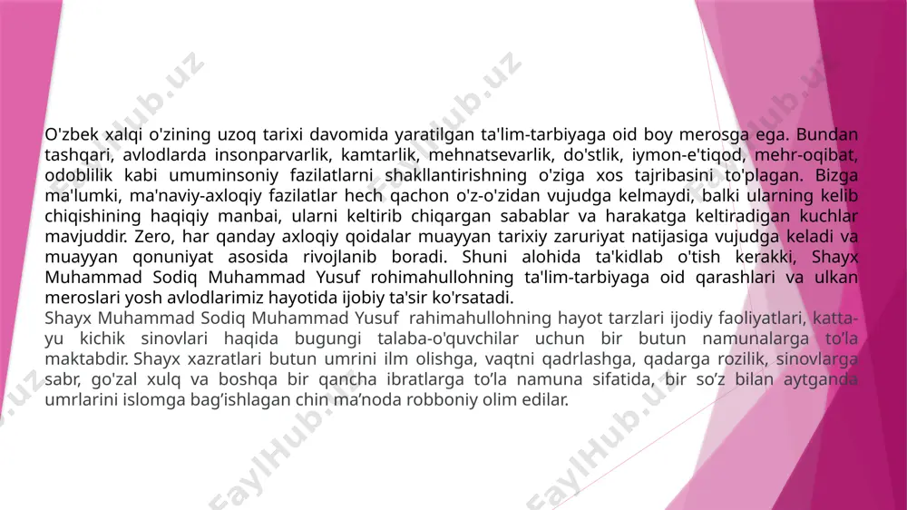 yusuf domla buxoro shaxridagi “mir arab” madrasasida o’qib ilm olish mashaqqati bilan birga oilada farzand tarbiyasidek muhim bir mas’uliyatni ham ado qilishar edilar. muhammad yusuf domla yoshligidan ko’p kitob mutoala qilar, xalqimiz boy tajribasini o’rganar edi. shuning natijasida bu yosh oila yangi tug’ilgan chaqaloqlarini halqumini pok saqlashga qaror qildilar. muhammad yusuf domla bir kuni o’z oilasiga: “men bir kitobda o’qiganman farzandimizga tahoratsiz ko’krak tutmaysiz” deb tayinladilar. yosh sobiraxon ona bu ko’rsatmaga baqadri hol amal qilib, shayx muhammad sodiqni robboniy olim bo’lishiga hissalarini qo’shdilar. h har qanday buyuk insonning aziz va mukarram bo'lib yetishib chiqishiga sababchi bo'ladigan inson hech shak-shubhasiz uning ota-onasidir. xuddi shu kabi hazratimizning komil va yetuk olim, shayx bo'lib kamol topishlarida ularning volidai muxtaramalari onalarining va padari buzrukvorlari otalarining o'rni cheksizdir. tarbiya o'z navbatida oiladan boshlanar ekan, biz o'z farzandlarimizni baxti-saodatini, kamolini, iqbolini, buyuk inson bo'lib etishganligini va hayot abadiyligi avlodlar davomiyligini ta'minlaydigan ma'naviy qo'rg'oni bo'lmish o'z oilamizning …