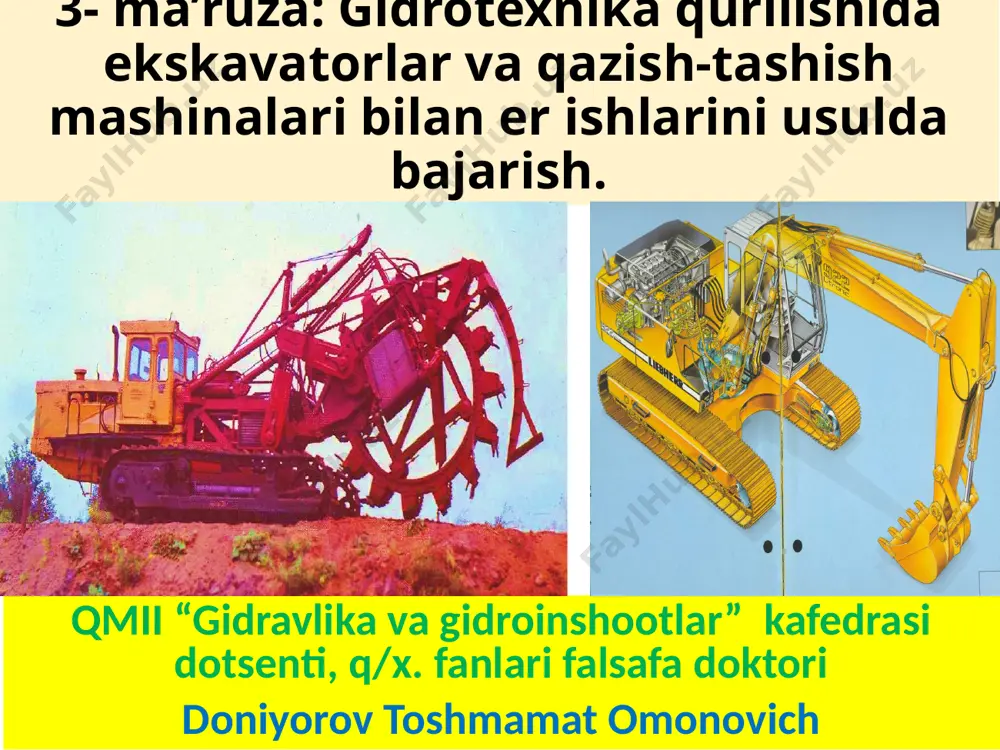 bajarish mashinalari (ekskavator. buldozerlar, skreperlar, greyderlar) 2.erni tayyorlash ishlarini bajaradigan mashinalar. (yumshatgichlar, bo’takeskichlar, kunda kavlagichlar) 3.zichlash ishlarini bajaradigan mashinalar. (zichlagichlar, shibbalagichlar) 1. qazilma va to‘kma inshootlar qurilishi texnologiyasi. er qazish mexanizmlari bilan amalga oshiriladigan tuproq ishlaridagi asosiy mashinalar. ekskavator so‘zi grekcha atamadan kelib chiqqan bo‘lib qazish ma’nosini bildiradi. suv xo‘jaligi qurilishida ishlatilayotgan ekskavatorlar tuzilishi bo‘yicha bir yoki ko‘p kovshli bo‘ladi. ishlatish qo‘layligi, har xil tuzilishdagi va namlikdagi gruntlarga ham ishlov bera olish xususiyatiga ega bo‘lganligi uchun bir kovshli ekskavatorlar gidromeliorativ qurilishda keng qo‘llanilmoqda. bir kovshli ekskavatorlar kovshining konstruksiyasi bo‘yicha draglayinli, to’g‘i, teskari kovshli va greyferli bo‘ladi. бир чумичли эксковаторлар харакатланиш курилмаси гидравлик одимловчи тўғри чумичли драглайн тескари чумичли грейфер занжирли пневмо-гилдиракли механик иш жихозини бошкариш усули иш ускунасининг тури бир чўмичли гидравлик юритмали экскаваторнинг тузилиши bir cho'michli ekskavator deb, tsiklik (davriy) ishlay-digan tuproq, qazuvchi o'ziyurar mashinaga aytiladi. uning ish jarayoni quyidagidan iborat: muayyan konstruktsiyali va sig’imli yakka cho'michi bilan tuproq-gruntni …