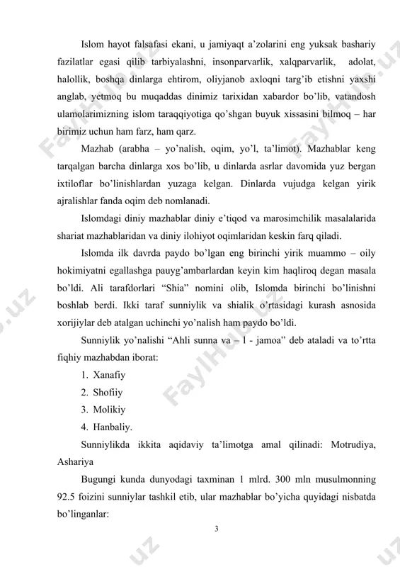 gi eng ko’p tarqalgan mazhab. uning asoschisi abu xanifa 669 – 767 yillarda yashagan. imom abu xanifa butun umri mobaynida 55 marta haj qilganligi ma’lum. olim sifatidagi bilimlarini savdo ishlarida kundalik hayotida amaliy jihatdan tadbiq etish imkoniyatiga ega bo’lib, qonun-qoidalarni “qiyos” va “istihson”ni ishlatish orqali boyitadi. qiyosni shakllantirishda “ra’y” (fikr)ga tayanish tufayli uning maktabi “ahl – ur – ra’y ” nomini oladi. hadislarga tayanganlarni “ahl ul-hadis” deydilar. biroq abu xanifa maktabi an’anani yaxshi bilgan va tan olgan. u: “bizning bu boradagi eng a’lo bilimimiz ra’ydir. bu – biz erisha olgan eng a’lo narsalardir”, degan. umumiy tarzda abu xanifaning huquqiy nazariyasi shaxs erkinligini hurmatlagan va shu bilan o’zga huquqshunoslardan farq qilgan. xanafiylik fatvolar chiqarish va shaxs masalalari yuzasidan hozir ham usmoniylar imperiyasining sobiq elatlari, jumladan, misr, suriya, livan, iroq, iordaniya, falastinda rasmiy mazhab. bolqon, kavkaz, afg’oniston, pokiston, hindiston, markaziy osiyo mamalakatlari va xitoyda ham ustuvor mazhab. bu mazhab musulmonlar dunyosining deyarli …