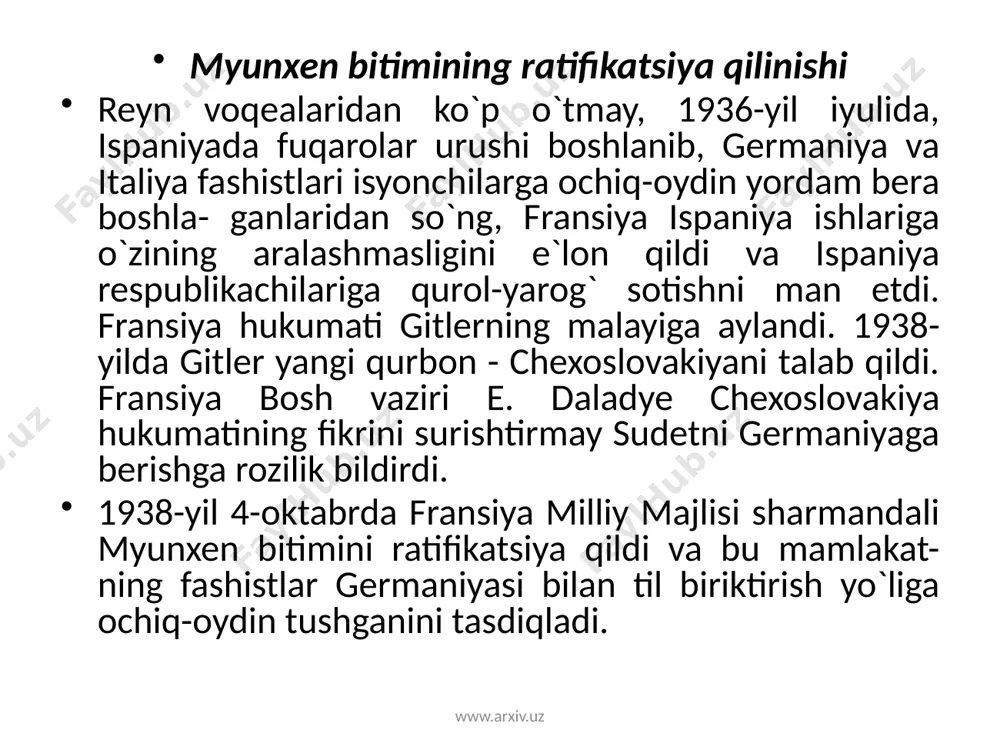 kerak edi, ikkinchi bosqichda butun yevropani, so`ng esa butun dunyoni bosib olishi, yer kurrasida oriylar irqining hukmronligini o`rnatishi lozim edi. gitlerchilar hokimiyatga kelgan davrdan boshlab ularning siyosati hududiy ekspansiya va agressiyani targ`ib qildi. natsistlar rahbariyati birinchi galda qurolli kuchlarni tashkil qilish bo`yicha tayyorgarlik ishlariga xalaqit bergan siyosiy rishtalardan qutuhshga qaror qildi. 1933-yii oktabr- da germaniya millatlar ligasidan chiqdi, www.arxiv.uz www.arxiv.uz 1935-yil mayda esa versal bitimining qurollanishga tegishli bandlarini bekor qilganini e`lon qildi, dunyoga harbiy-havo kuchlari, yirik muntazam armiya tuzish va majburiy harbiy xizmatni joriy etishini bildirdi. gitler juda qaltis, biroq, keyin ma`lum bo`ldiki, puxta o`ylangan o`yin olib bordi, zero, yevropada hech kim unga xalaqit berishni istamadi. g`arb davlatlari gitlerning germaniya tashqi siyosatining asosiy maqsadi sovet ittifoqini yo`q qilish ekani to`g`risidagi gaplariga ishondi. osongina va o`ta muvaffaqiyatli amalga oshirilgan ilk tashqi siyosiy tadbirlar gitlerni yevropada versal bitimidan so`ng qaror topgan siyosiy vaziyatni o`zgartirish borasida hal qiluvchi qadamni tashlashga da`vat etdi. 1936-yil …