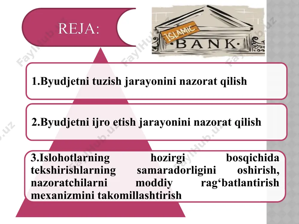 respubikasi moliya vazirligi bajaradi. 1.o’tgan yil uchun davlat byudjeti ijrosi to’g’risidagi hisobotlarni o’z vaqtida va sifatli shakllantirilishini ta’minlash maqsadida, davlat byudjeti bosh boshqarmasi va hududlar moliyasi bosh boshqarmasi, moliya vazirligi g’aznachiligi va uning hududiy bo’linmalari, hududiy moliya idoralari belgilangan muddatda byudjetlararo o’zaro hisob-kitoblarni tartibga solinishini ta’minlashlari; 2. byudjet tashkilotlarining joriy yil uchun xarajatlar smetalari va shtatlar jadvallarini ro’yxatga olish tugallangunga qadar, quyidagilar ma’lumot va ijro uchun qabul qilishlari: davlat byudjeti parametrlari ijrosi jarayonida byudjet intizomiga qat’iy rioya etilishini ta’minlash maqsadida quyidagilar belgilanadi: masofadan nazorat qilishda quyidagilar tekshiriladi: a)xarajatlarni moliyalashtirish (to’lovlarini amalga oshirish) “o’zbekiston respublikasi byudjet kodeksi”gi hamda o’zbekiston respublikasi davlat byudjetida turuvchi tashkilotlarning xarajatlar smetasi va shtatlar jadvalini tuzish, ko’rib chiqish, tasdiqlash va ro’yxatdan o’tkazish tartibi to’g’risidagi nizomga muvofiq amalga oshiriladi; b)respublika va mahalliy byudjetlar xarajatlari quyidagilarga asosan amalga oshiriladi: respublika byudjetidan moliyalashtiriluvchi tashkilotlar bo’yicha – joriy yil i chorak uchun dastlabki (vaqtinchalik) xarajatlar yoyilmalari; qoraqalpog’iston respublikasi byudjetidan, viloyatlar, toshkent …