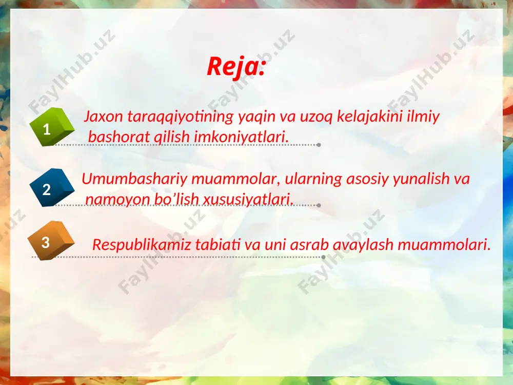 umumbashariy muammolar deganda butun dunyo, barcha davlatlar va xalqlarning ishtirogkisiz yechish mumkin bo’lmagan muammolarga aytiladi. bunday muammolar quyidagilardir: - termoyadro urushi xavfining oldini olish va qurollanishni bartarf etish; - jaxon iqtisodiyoti va ijtimoiy xayotning usishi uchun qulay shart-sharoit yaratish; - iqtisodiy qolog’likni tugatish; yer yuzida qashshoqlik va ochlikka barham berish; - tabiiy boyliklardan oqilona va kompleks yondashgan xolda foydalanish; - insoniyatning baxt-saodati yo’lida fan-texnika yutuqlaridan foydalanish uchun xalqaro hamkorlikni yanada faollashtirish; (eng xavfli kasalliklarga qarshi kurash, kosmosni o’zlashtirish; - dunyo okean boyliklari va imkoniyatlaridan unumlirog’ foydalanish; ozon qatlamining yo’qolish xavfining oldini olish va x.k.); - insoniyat va uning kelajaki tug’risidagi o’zaro hamkorlikda jiddiy tadqiqotlar olib borish; umumbashariy muammolarning ba’zi bir guruhlari mavjudki, ularni xal qilishning o’zidayoq butun planetamizdagi ijtimoiy xayotning keyingi ming yillikdagi aniq manzarasini chizib berish uchun xal qiluvchi ahamiyat kasb etishi mumkin. birinchidan, hozirgi paytdagi mavjud ijtimoiy kuchlar o’rtasidagi ziddiyatli munosabatlar (ijtimoiy-iqtisodiy sistemalar o’rtasidagi, mintaqaviy ziddiyatlar, davlatlar, milliy …