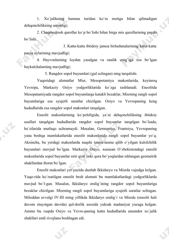 lik shakli – dehqonchilik mashg`ulotiga borib taqaladi. eneolit davrida dehqonchilikda motiga bilan ishlov berish ustun darajada bo`lgan. ammo o`z xususiyatiga ko`ra misdan foydalanish mehnat unumdorligini oshirishga xizmat qilgan bo`lsa-da, dehqonchilikda motiga tishi sifatida toshdan foydalanilgan. mis qurollar tosh qurollarga nisbatan takomillashgan bo`lsa-da, u kuchli, og`ir va qattiq qurollar yasashga yaroqsiz edi. mis o`z xususiyatiga ko`ra yumshoq va juda tez o`z shaklini o`zgartirgan. shuning uchun ham motiga tishi sifatida toshdan foydalanilgan. mis-tosh davrida odamlar metall bilan tanishadi. ungacha ibtidoiy odamlar 2-3 million yillar davomida faqat toshdan, yog`ochdan va suyakdan yasalgan qurollardan foydalangan edilar. mis qurollar qattiq, kuchli bo`lmay, ayrim xususiyatlari jihatdan tosh qurollarga nisbatan pastroq darajada bo`lsa-da, o`zining shakli, ishlab chiqarish jarayonida qo`llanishidagi qulayligi, shuningdek juda tez turli shaklga kelishi oson bo`lganligi uchun ham chaqmoqtosh qurollar bilan parellel holda ishlatila boshlangan. ma`lumki, eneolit davrida markaziy osiyo aholisi madaniyati bir bosqich yuqori ko`tarilgan. lekin ularning ijtimoiy-madaniy taraqqiyoti bir xil darajada bo`lmagan. bu …