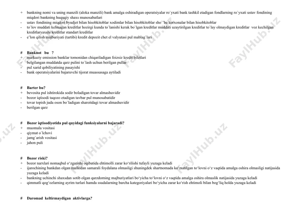 r - veksellar - qimmatbaho qog`ozlar # emissiya nima? + muomalaga bank biletlarini chiqarishning qonuniy belgilangan tartibi - muomalaga xazina biletlarini chiqarishning qonuniy belgilangan tartibi - muomalaga qog`oz pullarni chiqarishning qonuniy belgilangan tartibi - muomalaga qimmatbaho qog`ozlarni chiqarishning qonuniy belgilangan tartibi # faktoring bu? + mijozga debitor qarzini sotib olib kredit berish bilan birgalikda o‘tkaziladigan savdo vositachilik operatsiyalari - bank tomonidan mijozlarga ularning o‘z topshiriqlari va o‘z hisobkitoblardan turli hujjatlar bo‘yicha pul olish jarayoni - vositachilik operatsiyasi - bankning ishonch bildirilgan vakil # garovga olingan molmulk qiymati berilayotgan kreditning necha foizini qoplashi lozim? + 125% - 90% - 80% - 60 # inflyasiya bilan bog‘liq muammolar qachon vujudga kelgan? + qog‘oz pullar to‘lov vosita sifatida amal qila boshlagandan - muomalada oltin tangalar amal qilgan davrda - muomalaga kumush tangalar kiritilganda - oltin va kumush tanganlar hajmi kamaytirilganda # inflyasiya tushunchasi iqtisodiy oborotga qachon kirib kelgan? + 1864 yilda - 1861 …